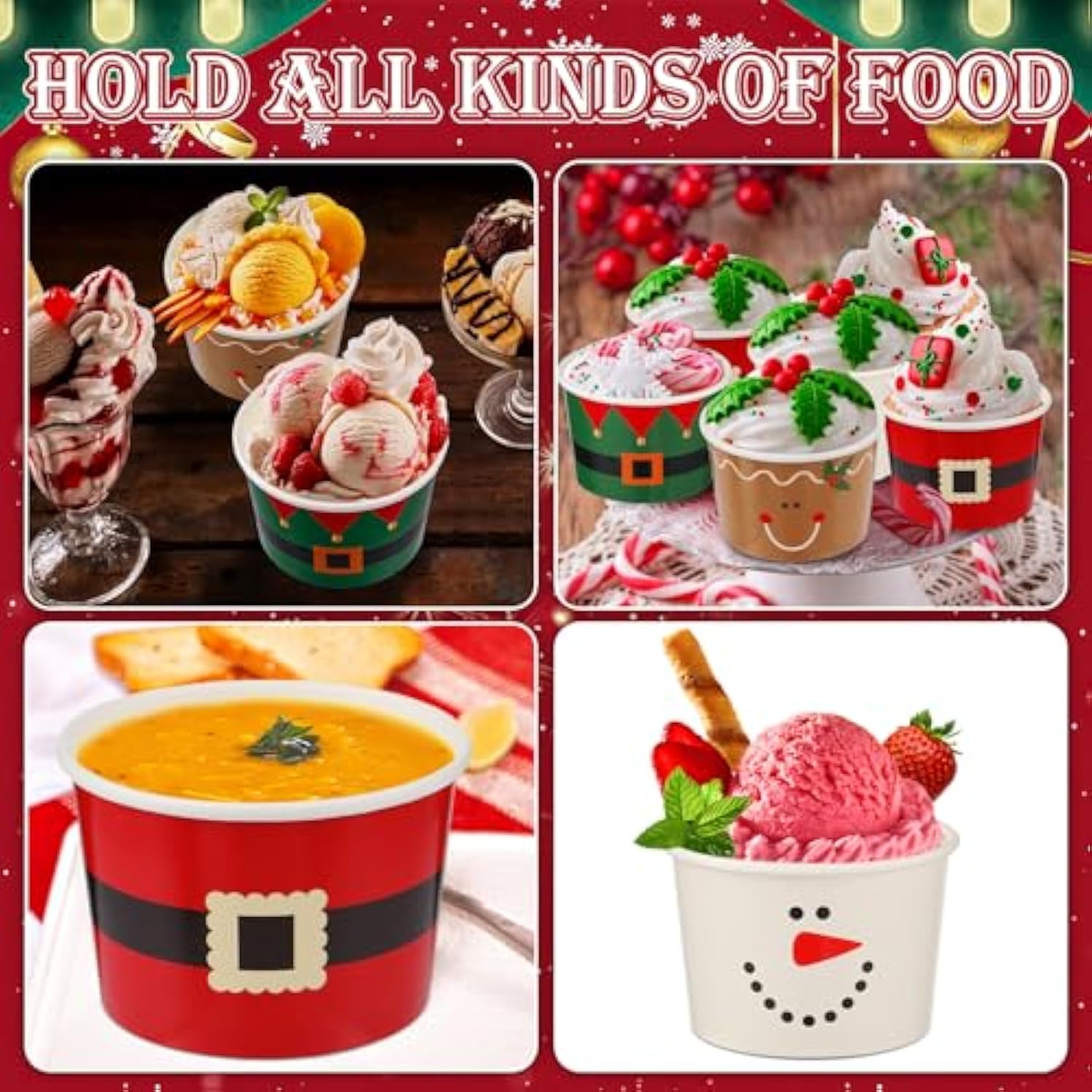 100 Pcs 9 Oz Christmas Snack Treat Disposable Cups 2025 Christmas Ice Cream Paper Cups Santa Belt Bowls For Xmas Party Supplies Decorations Cold Or Hot Soup