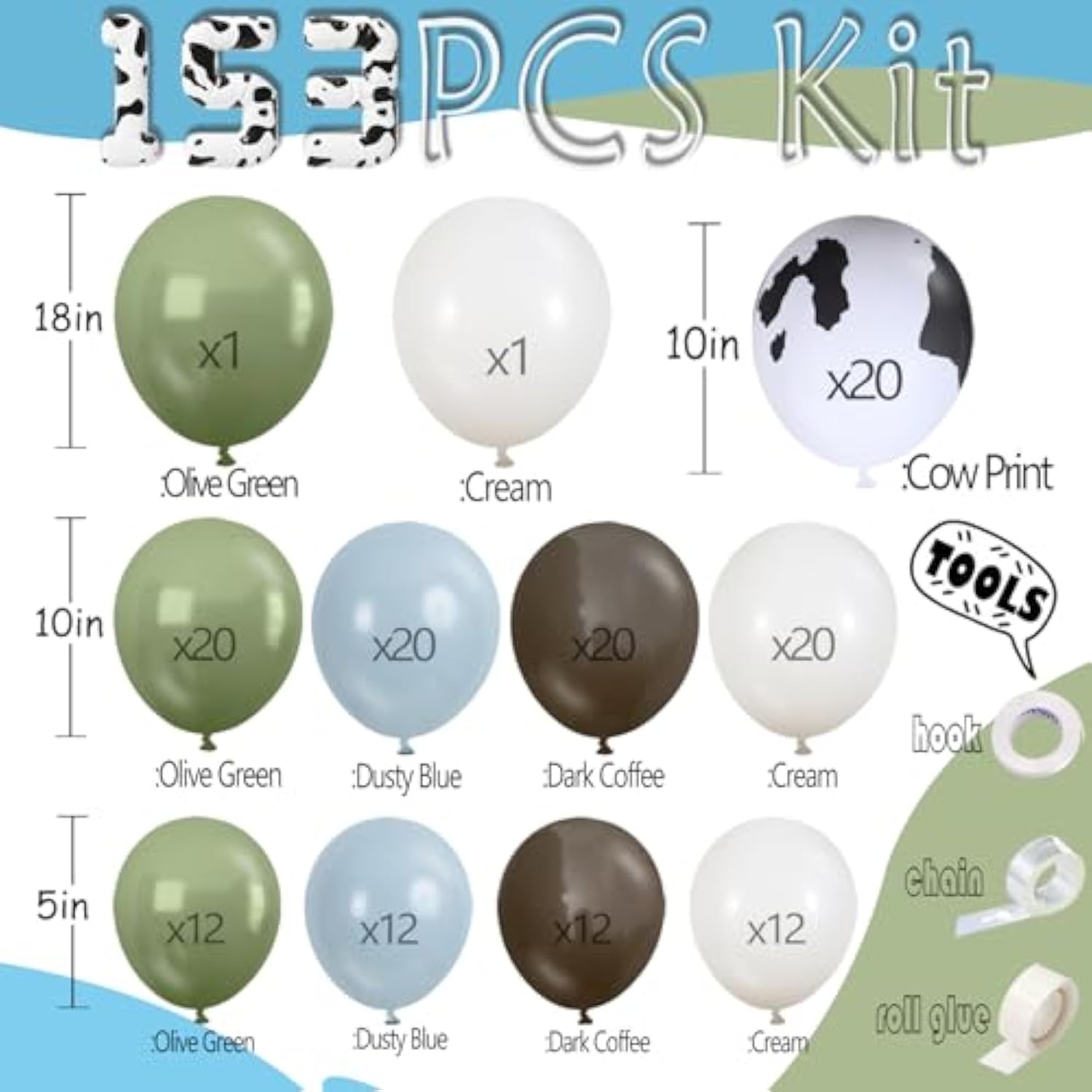 Cow Print Balloon Arch, 153 Pcs Cowboy Party Decoartion Kit - Dusty Sea Blue Oliver Green Dark Coffee Cream Western Farm Cow Balloons Grand For Baby Boy Shower Birthday Rodeo Theme Party Supplies