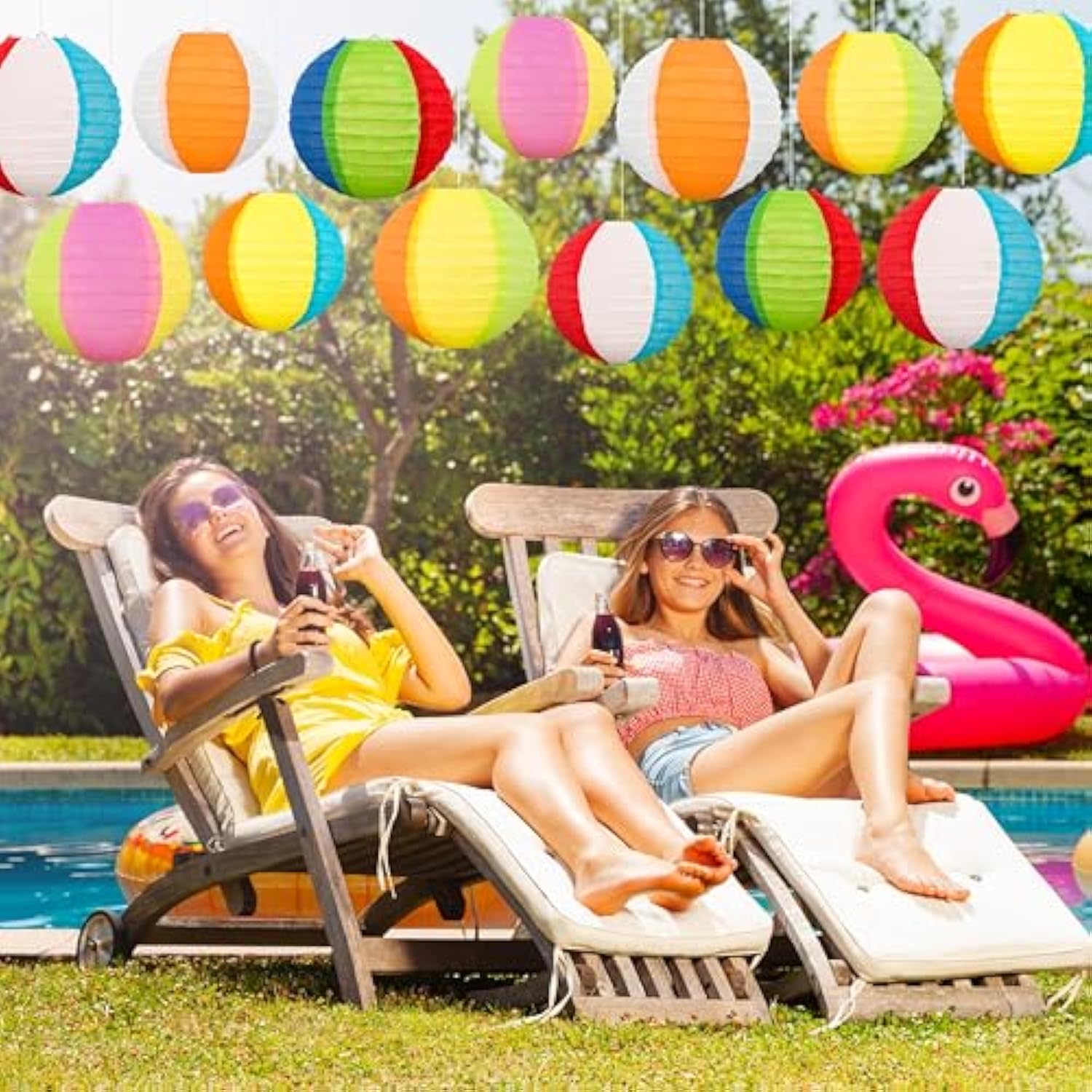 ?15Pcs Pool Party Decorations Beach Ball Paper Lanterns - Summer Luau Hawaiian Themed Hanging Decor For Home Birthday Outdoor Indoor