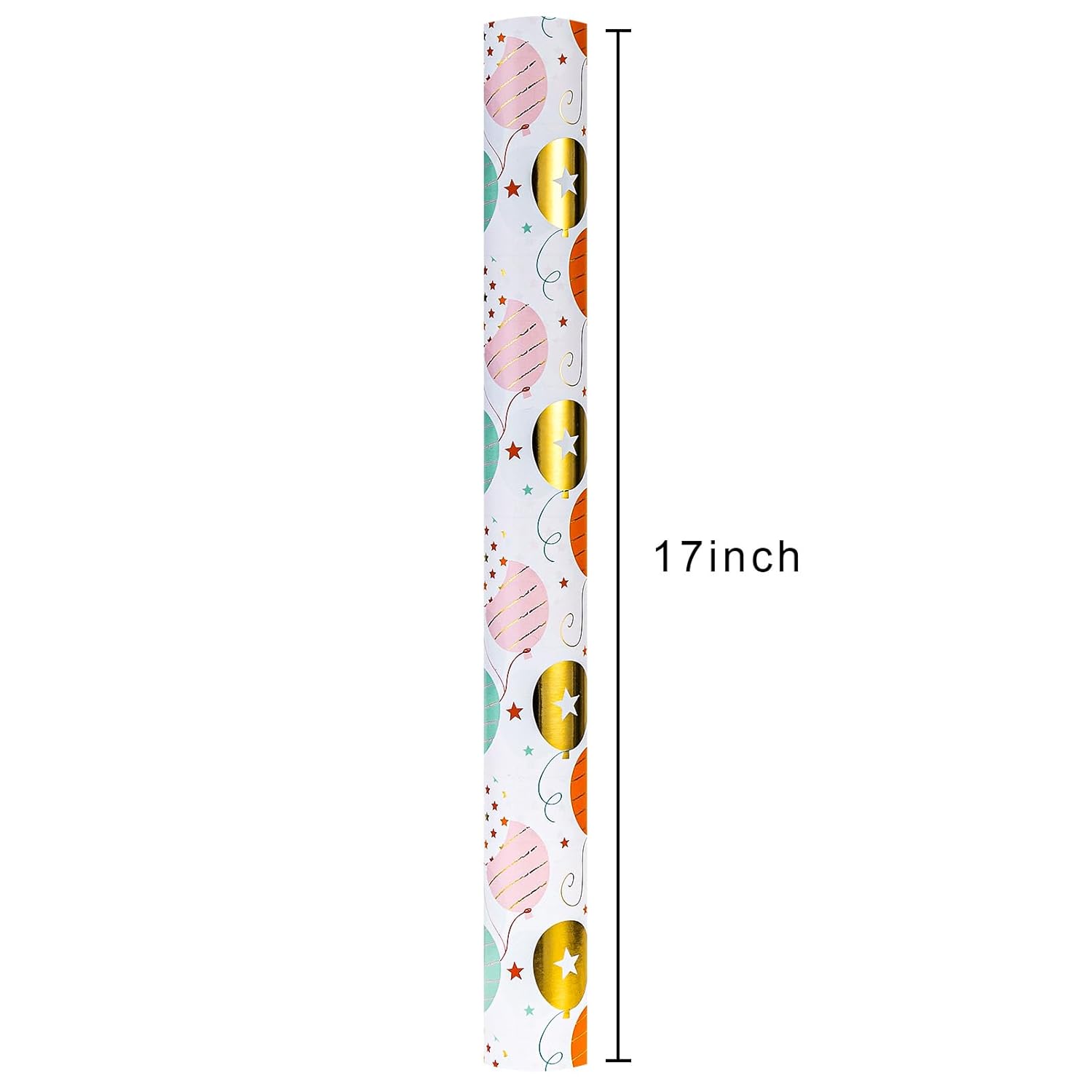 Birthday Wrapping Paper, Metallic Gold Gift Wrap Paper Roll, Colorful Balloon Cute Polka Dot Star Happy Birthday Design - 17 Inches X 32.8 Feet