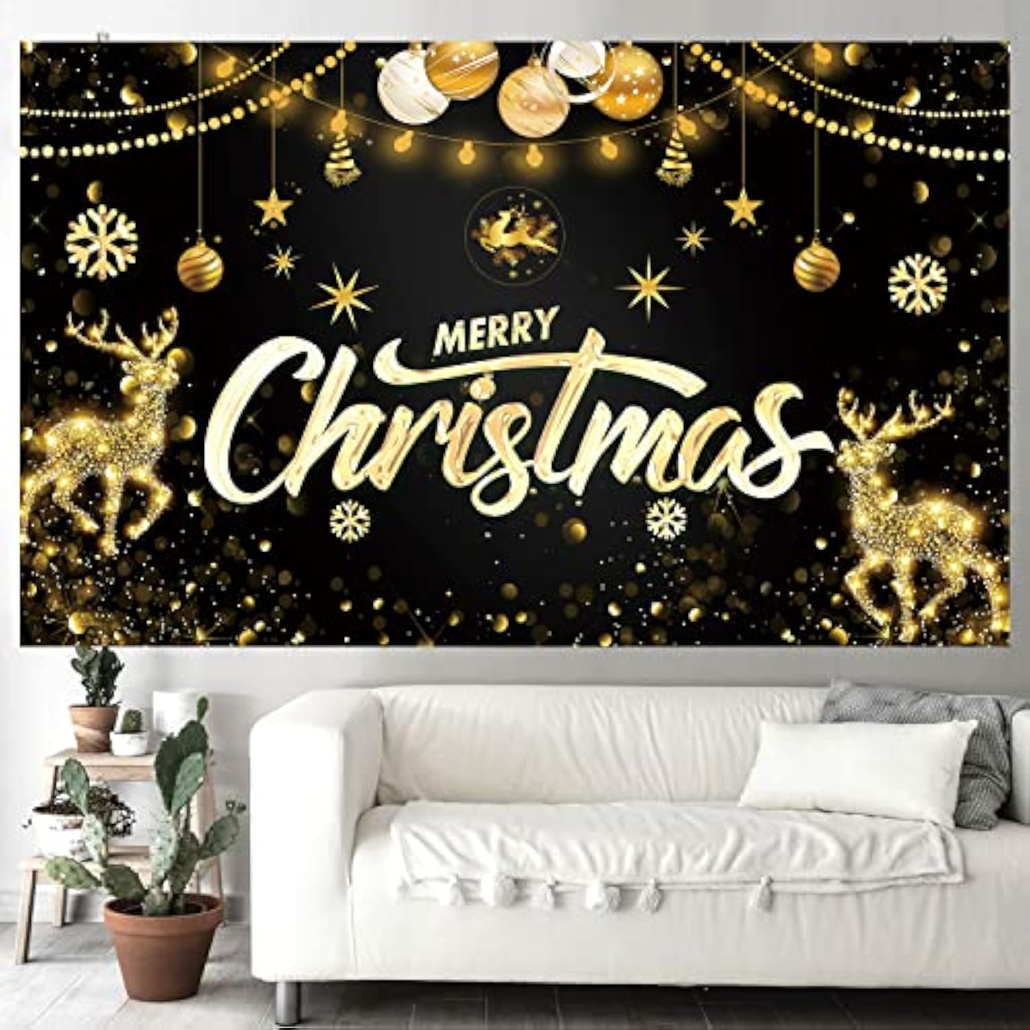 Large Merry Christmas Banner Gold Snowflake Deer Backdrop Christmas Wall Scene Christmas Holidays Party Decor Supplies Gifts 70 X 43 Inch