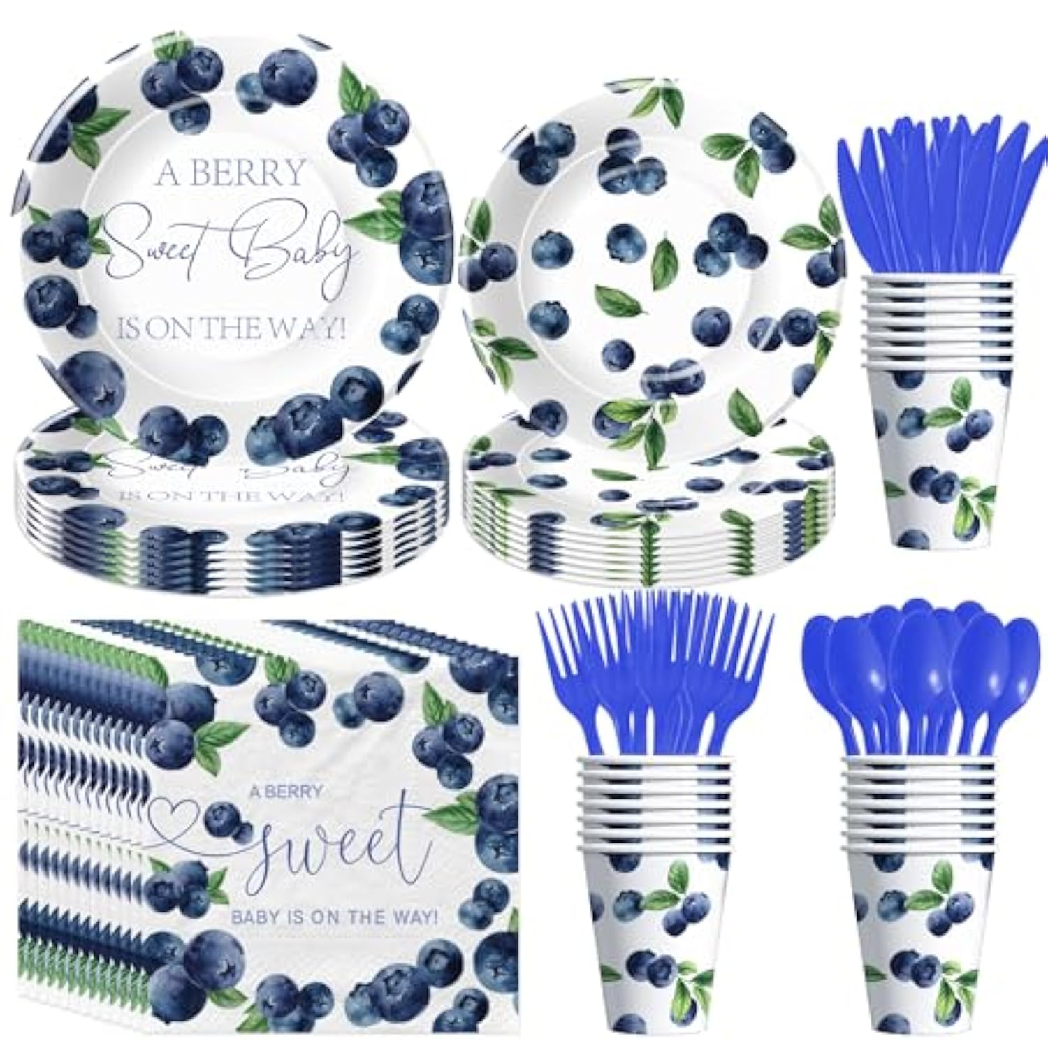 Blueberry Baby Shower Decorations Tableware, Fruit Theme Blue Berry Sweet Baby Shower Party Supplies, Paper Plate, Cup, Napkin, Disposable Cutlery, Serves 24