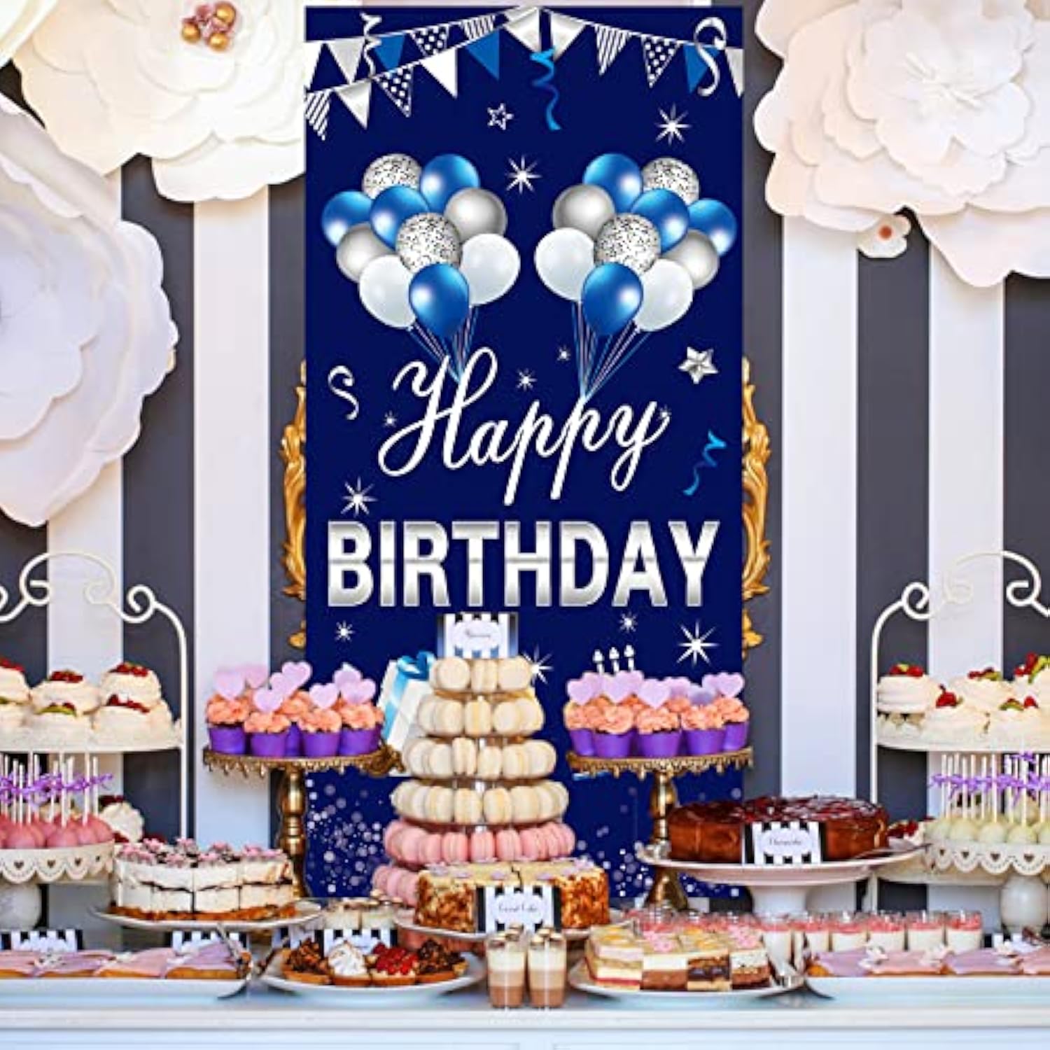 Blue Silver Happy Birthday Door Banner Decorations For Men Boys, Happy Birthday Door Cover Sign Party Supplies, 16Th 21St 30Th 40Th 50Th 60Th Birthday Background Photo Booth