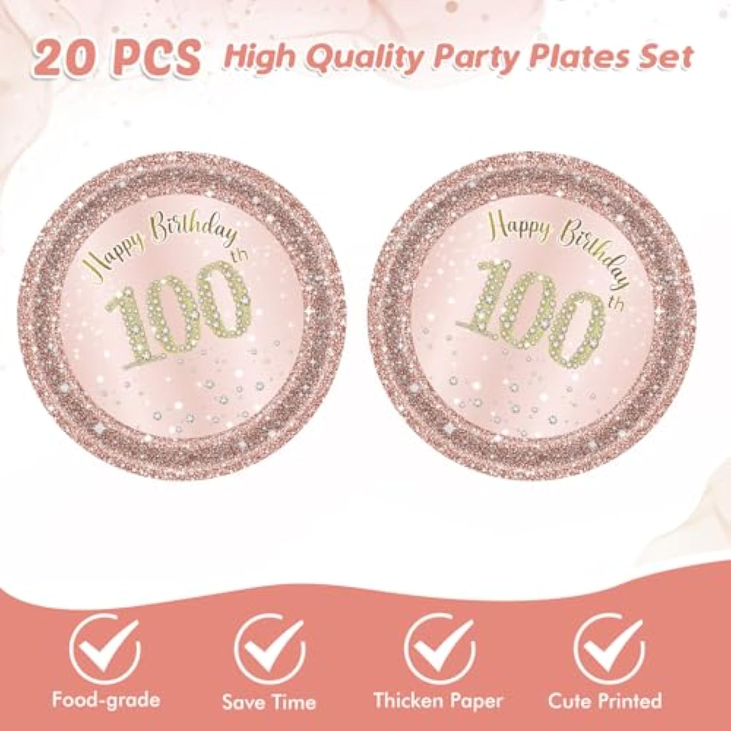100Th Birthday Decorations, Rose Gold Birthday Party Supplies Include 20Pcs Plates 20Pcs Napkins Sweet One Hundred Year Old Birth Party Tableware For Girl Ladies Women