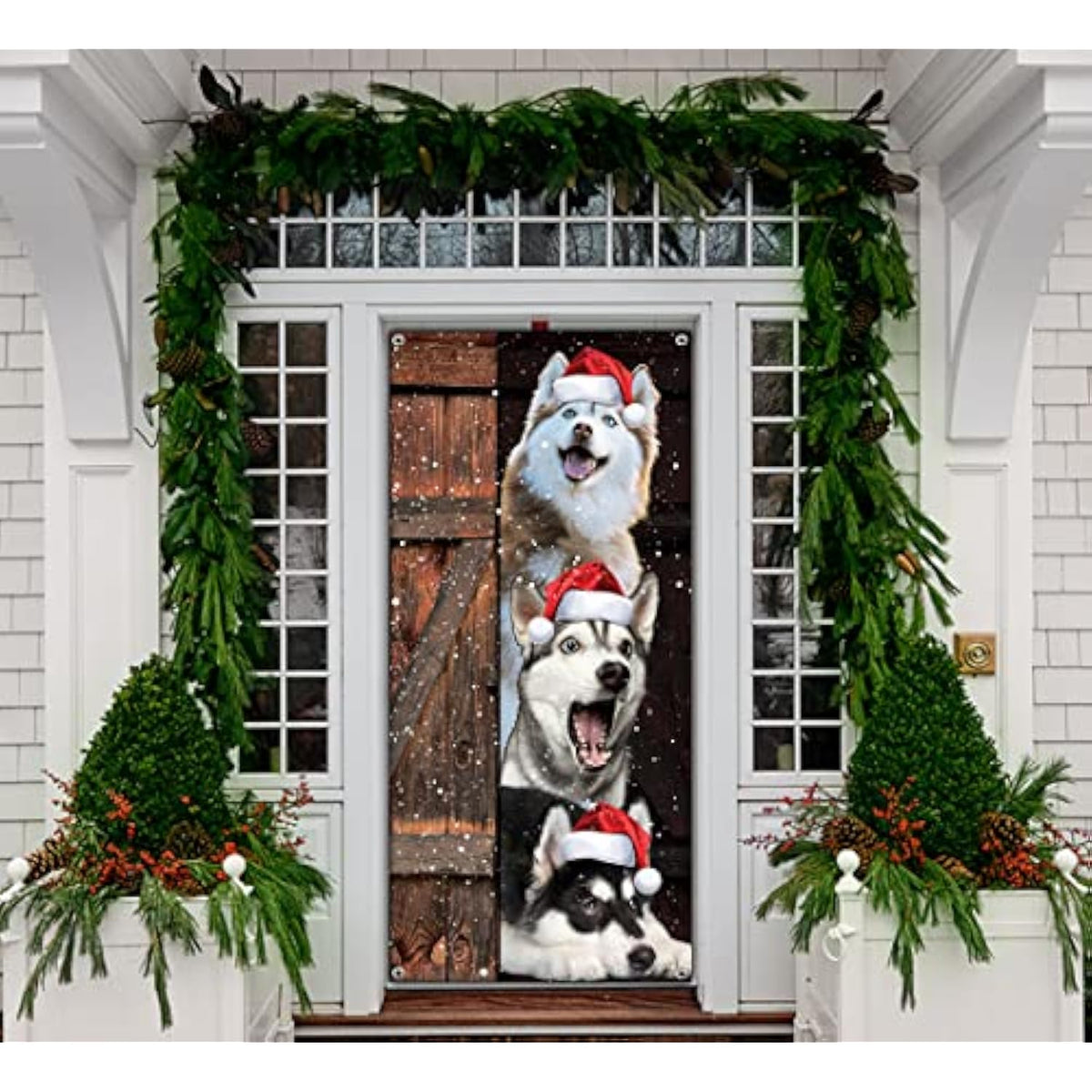 Funny Merry Christmas Dogs Door Banner - Santa Husky Dogs Decoration Xmas Party Supplies Photography Background New Year Sign