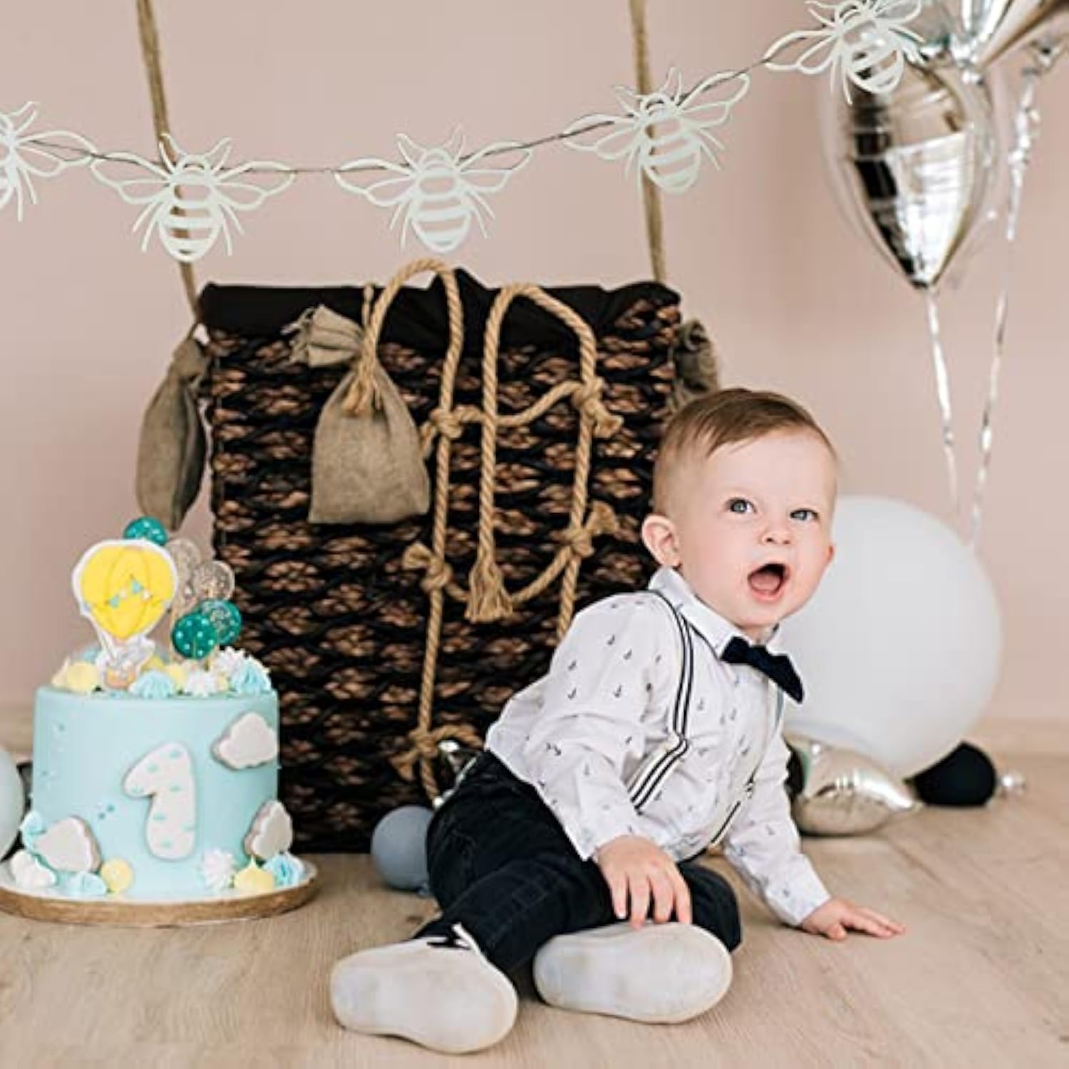 Wood Bee Garland Banner For Party Decorations - Baby Shower, Birthday, Wall, Fireplace, Room Decor - Pom Pom Happy Bee Theme (7 Pcs)