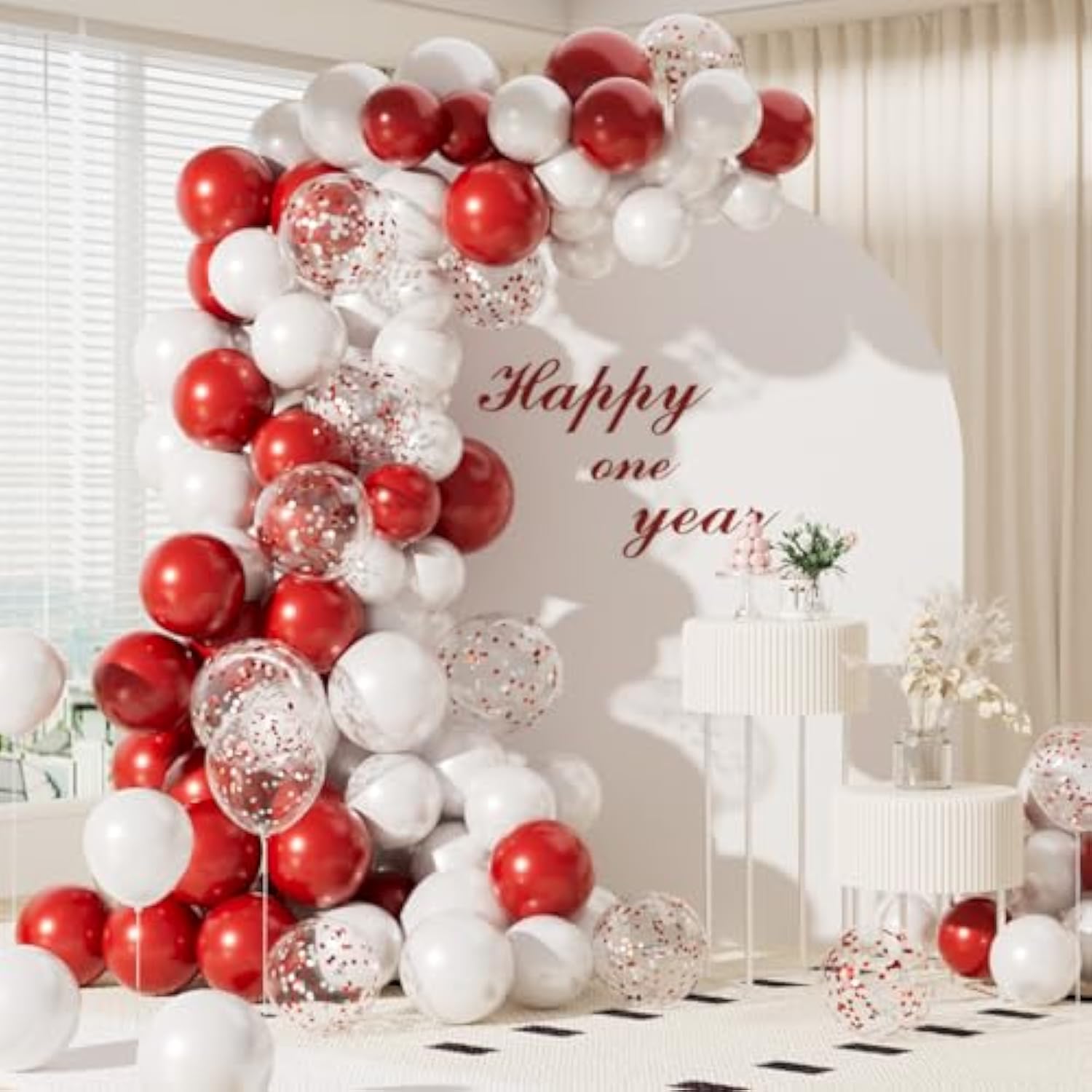 68Pc Metallic Red/White Balloons 12" Latex & Confetti Set for Parties