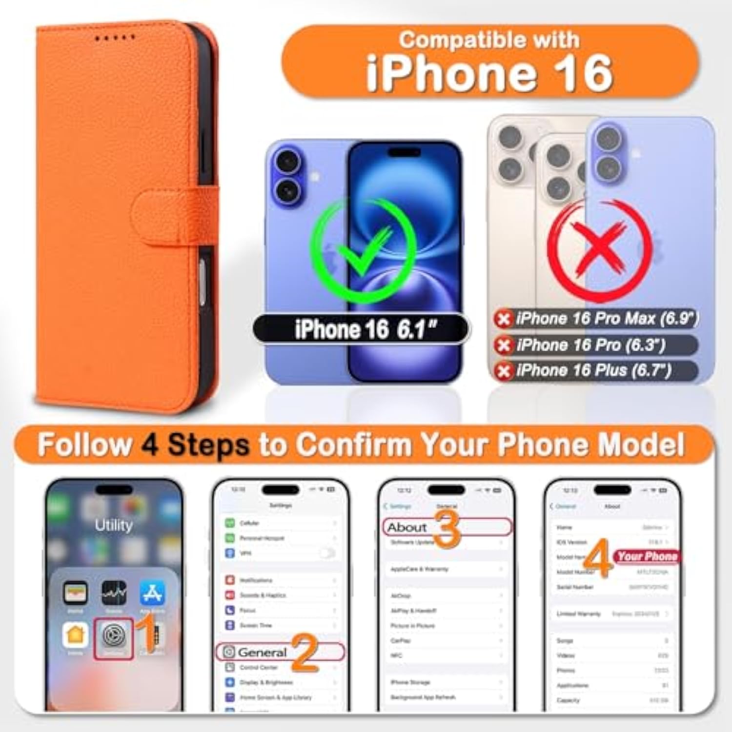 Premium Wallet Case For Iphone 16, Detachable 2 In 1 Leather Folio Flip Case With 4 Card Holder, Rfid Blocking, Support Magsafe, Microfiber Lining, Slim Lightweight, For Women/Men (Blaze Orange)