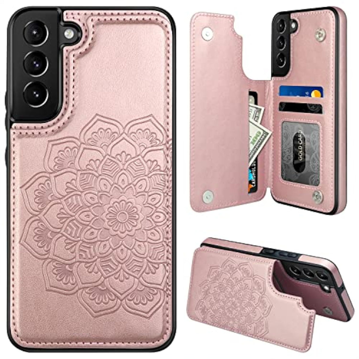 For Samsung Galaxy S22 Case With Card Holder,Flower Magnetic Buttons Protective Wallet Cover For Women For Samsung Galaxy S22 5G (2022),Rose Gold