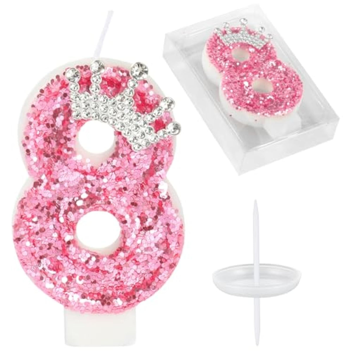 Birthday Number Candles,Pink Crown Birthday Candles For Cake,Glitter Number 8 Candle Cake Topper With Sequins For Girls,Women, Anniversary Celebrations Supplies (Pink 8)