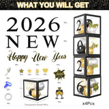 4-Pack 2026 New Year Balloon Boxes with Black Gold Balloons Letters Numbers