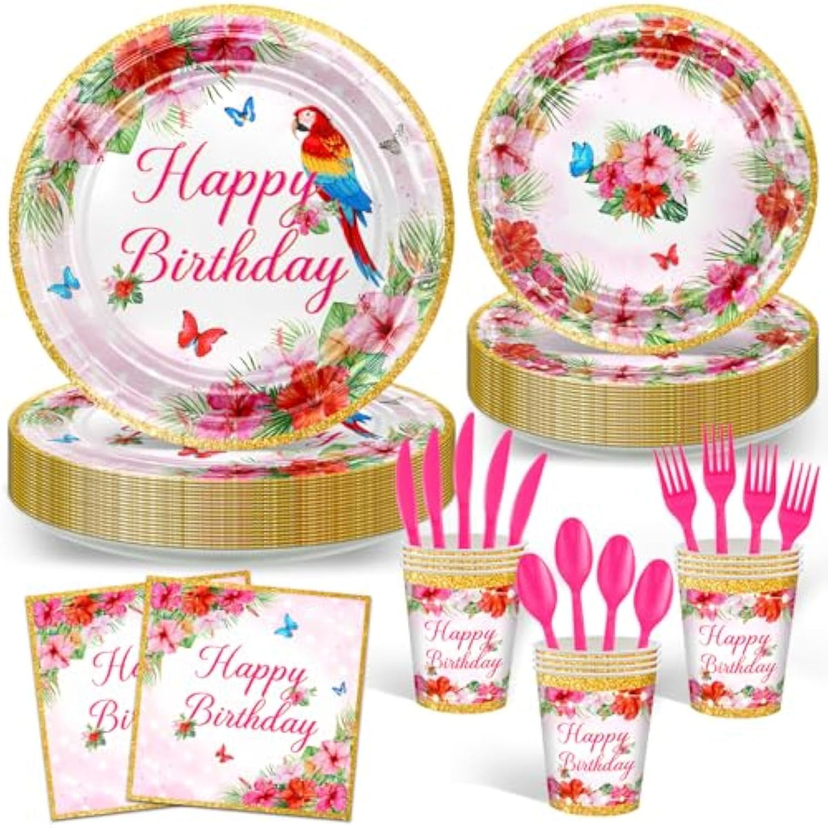 168 Pcs Hawaiian Luau Birthday Party Decorations Tropical Birthday Plates And Napkins Disposable Serve 24 Parrot Tropical Tableware For Women Girls