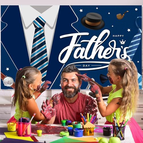 Father's Day Backdrop, Happy Fathers Day Decorations Navy Blue Suit Tie Banner Background for Dad Party, Father's Day Banner for Fathers Day Decorations, 71 x 43 Inch
