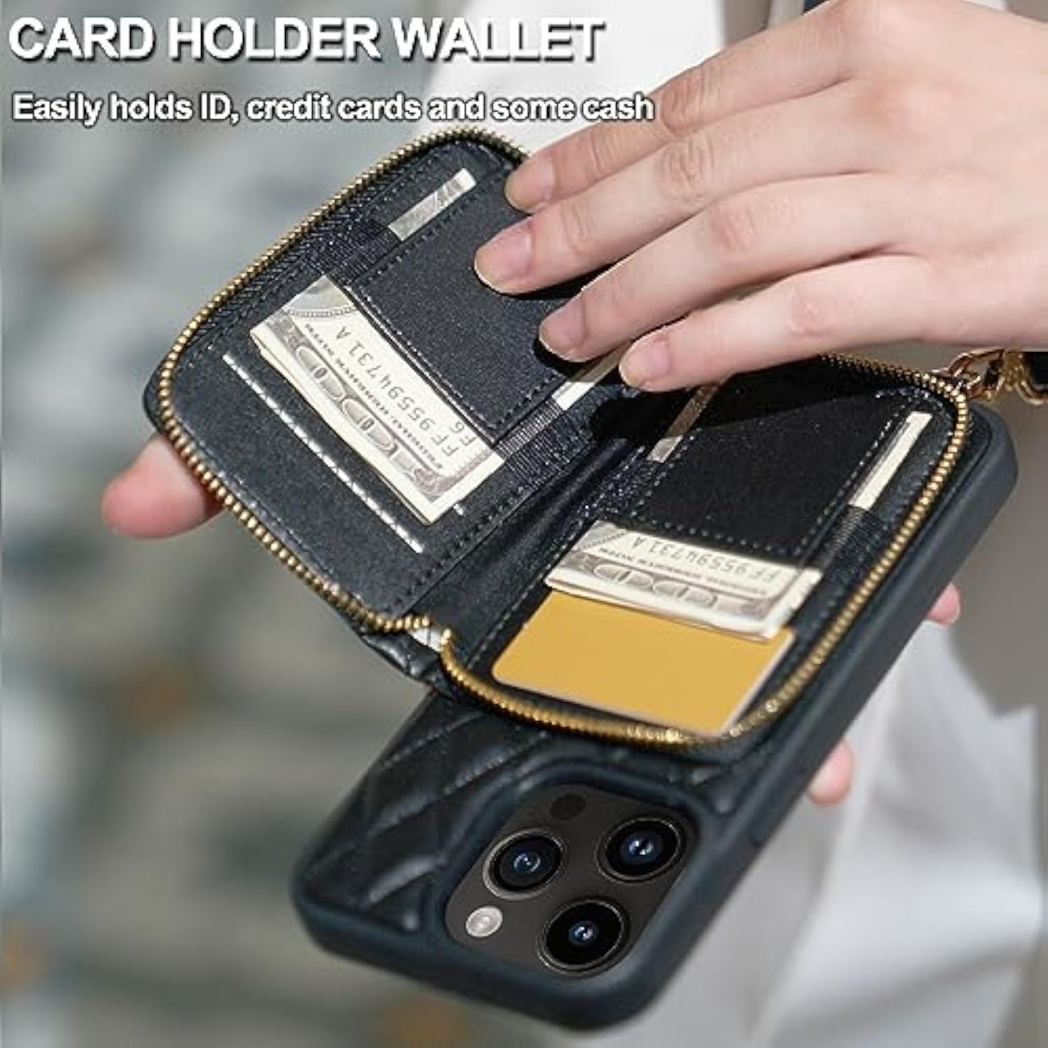 For 14 Pro Max Wallet Case, Card Holder Case Crossbody Purse For Women Quilted Leather Rfid Shockproof Cover Compatible With 14 Pro Max, 6.7 Inch-Black