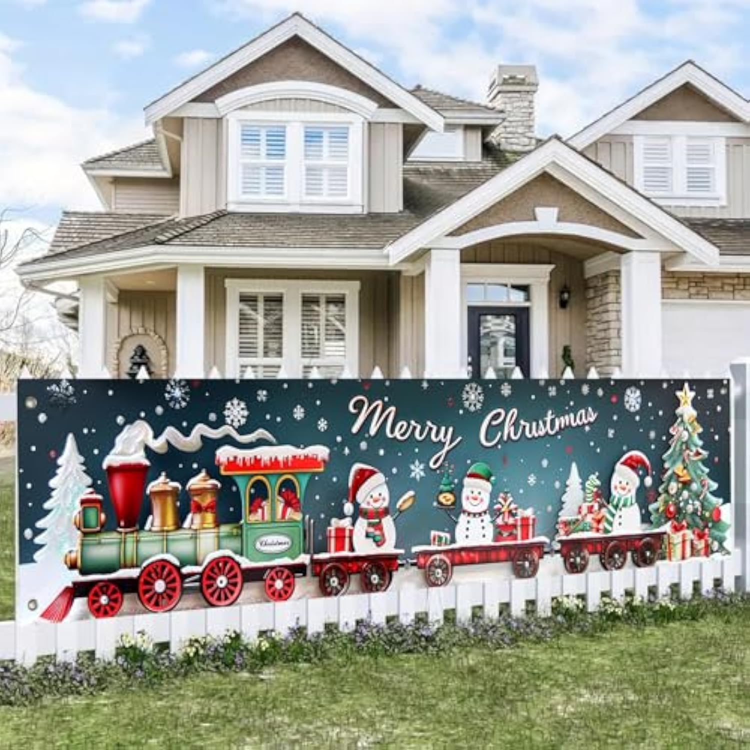 Christmas Fence Banner 78X17 Inch Merry Christmas Train Outdoor Decorations Snowman Santa Tree Holiday Wall Backdrop For Yard Porch Fence Decor