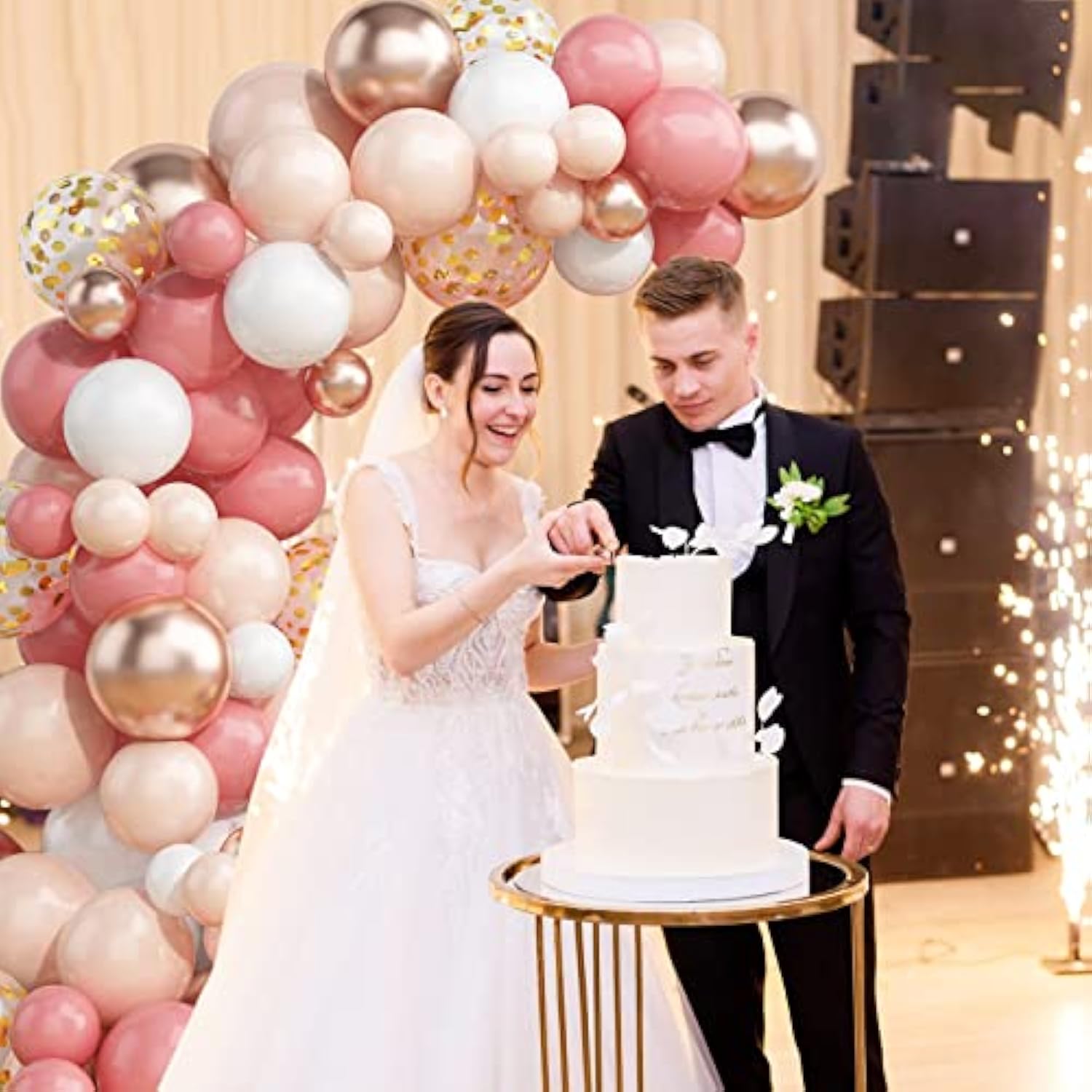 Dusty Blush Pink Balloon Garland Kit, Nude Cream Pink Balloon Arch Kit With Metallic Champagne Gold And Gold Confetti Balloons, Beige Boho White Balloons For Wedding Bridal Birthday Decorations