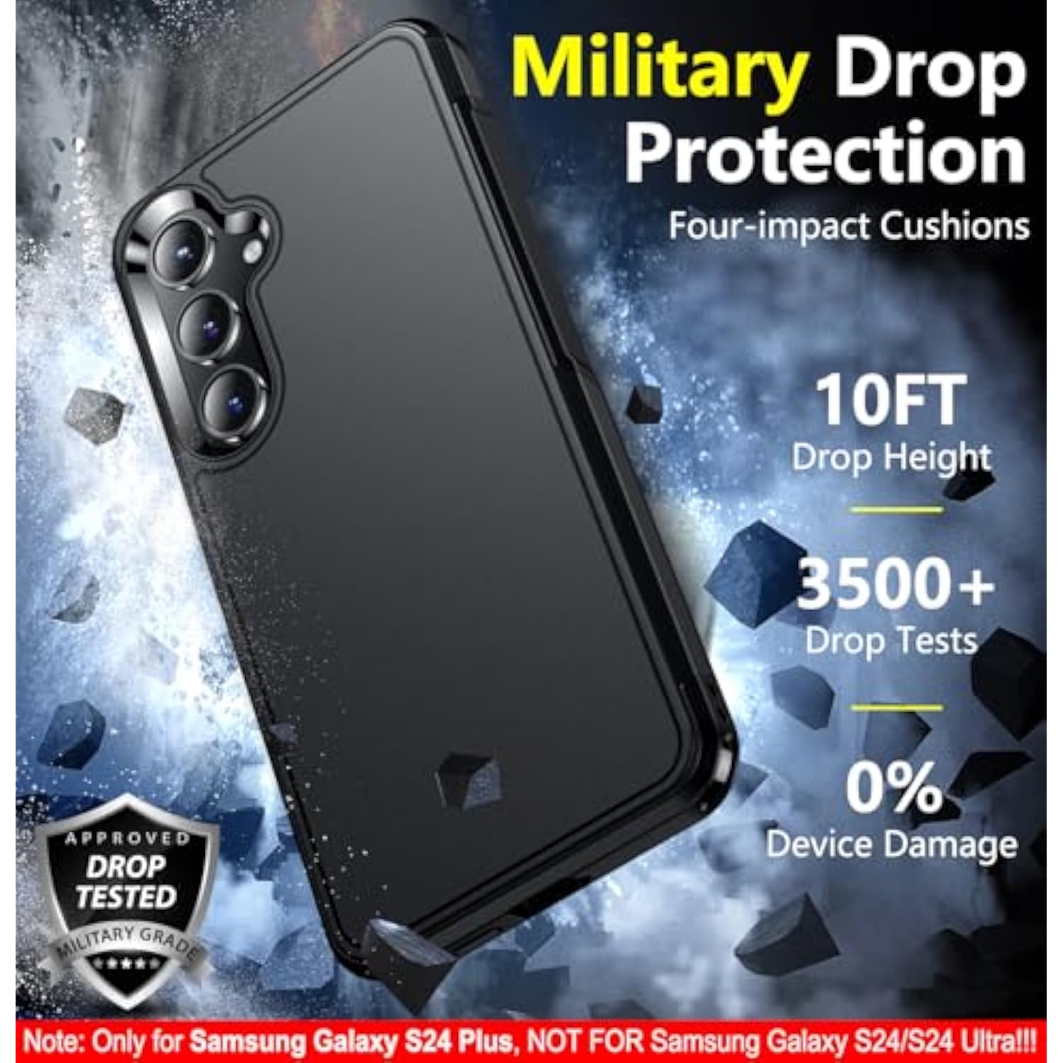 Designed For Samsung Galaxy S24 Plus Case, [10 Ft Grade Drop Protection] Heavy Duty Shockproof Phone Case For Galaxy S24 Plus 6.7 Inch, Black