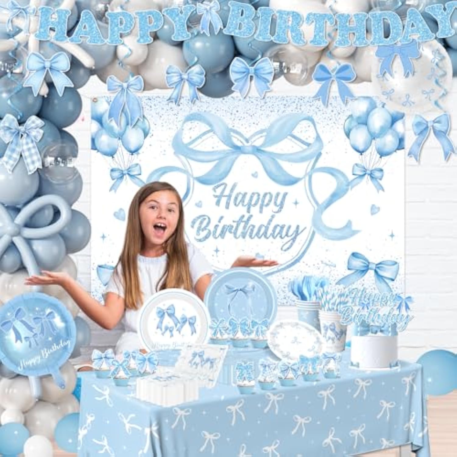 Blue Bow Party Supplies Serve 24,Coquette Birthday Decorations Include Bow Themed Tableware Tablecloth Backdrop Blue And White Balloon Arch Kit For Girls Birthday Decor