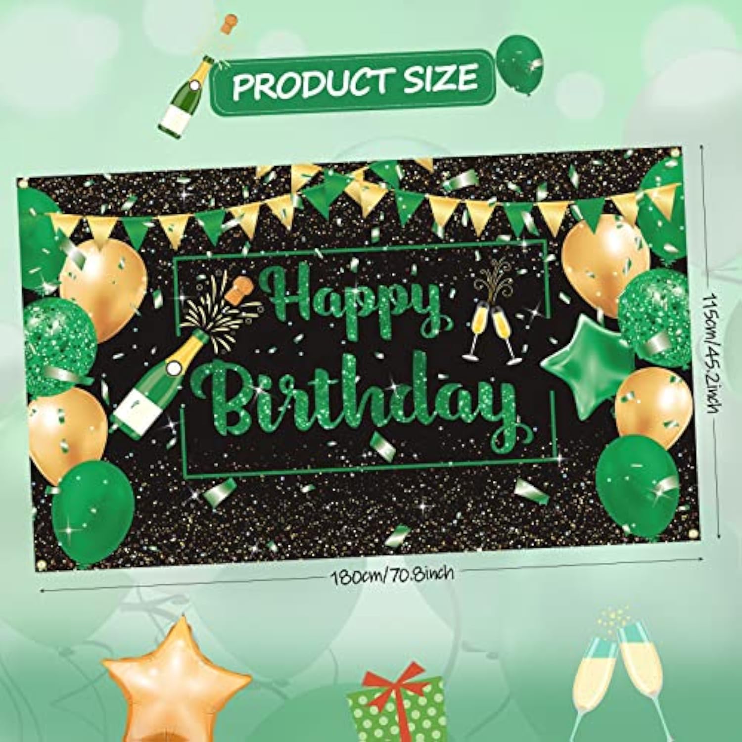 Green Black Gold Birthday Party Decoration Banner, Green Black Happy B