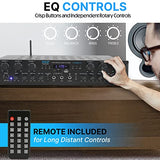 Home Audio Amplifier with Bluetooth - 6 Channel 600 Watt Peak Power, Karaoke with Echo, 2 Mic Input with Talkover, Headphone In, USB A MP3 Player