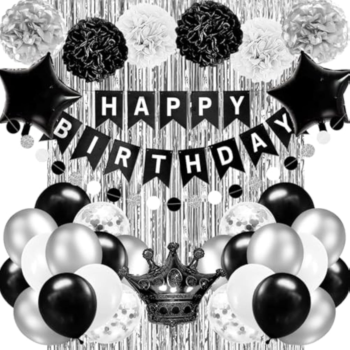 Black & Silver Birthday Decorations – Banner, Balloons, Foil Curtains for All Ages