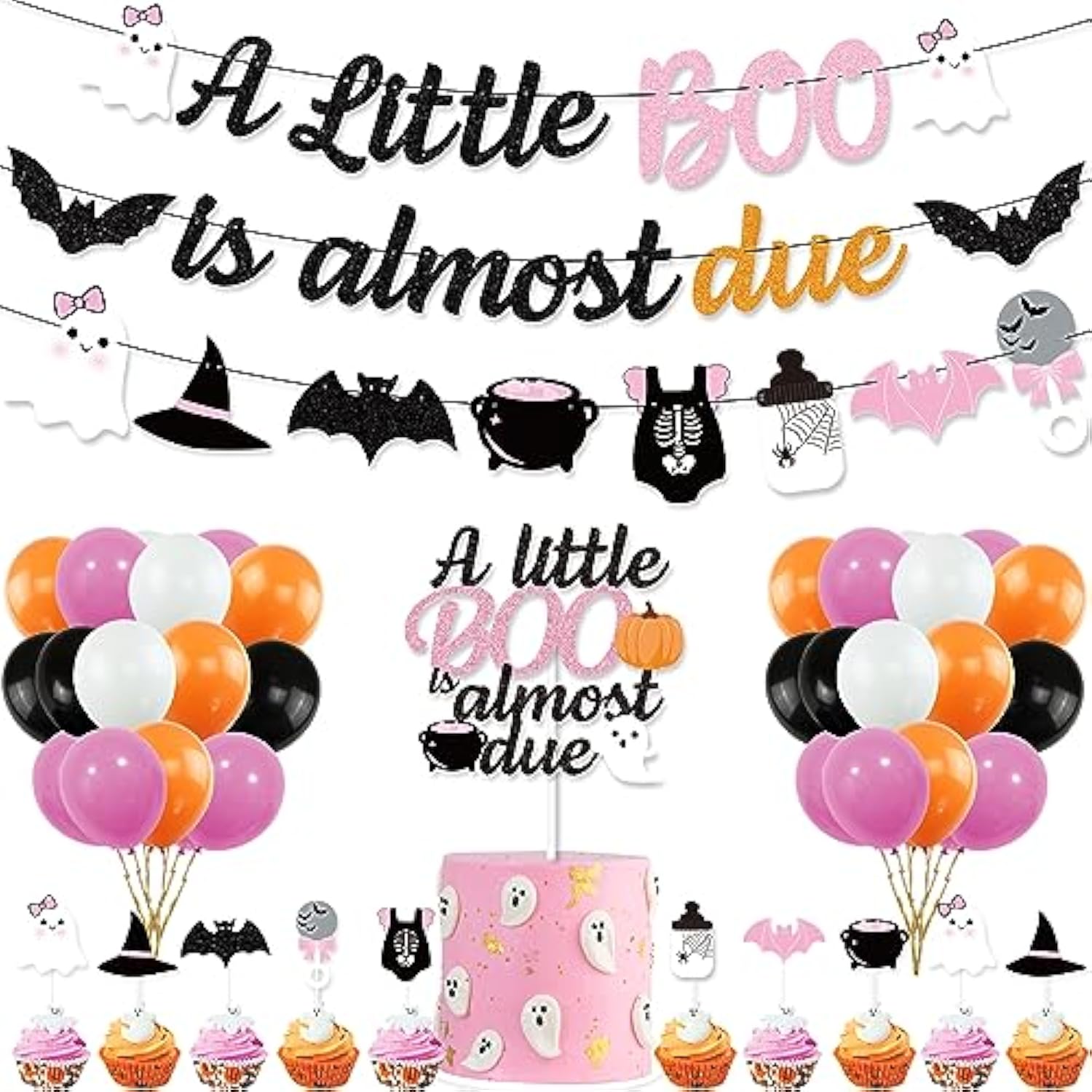 Pink Orange Halloween Baby Shower Decorations, A Little Boo Is Almost Due Banner,Cute Ghost Baby'S Bottle Cake Topper And Latex Balloons For Girls Little Boo Baby Shower Party Supplies