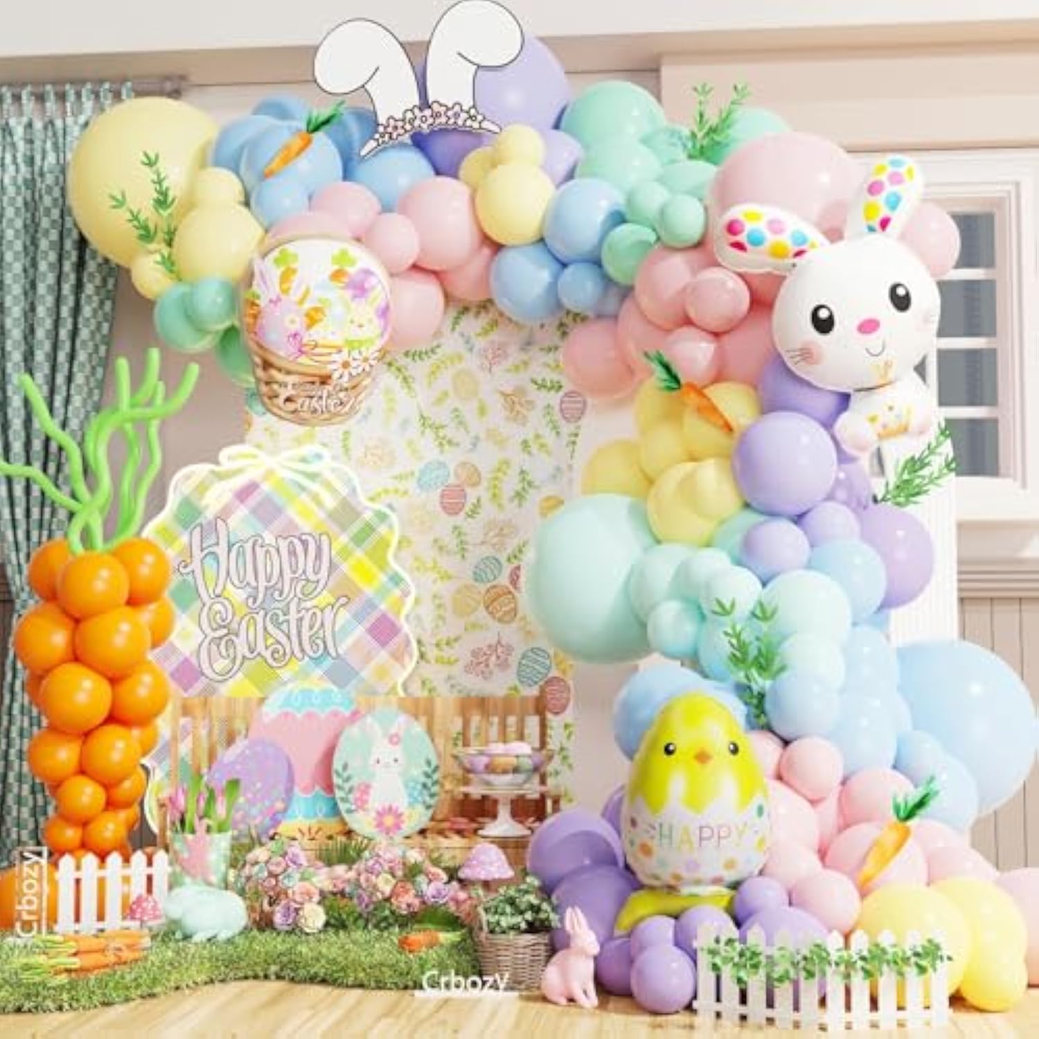 167Pcs Easter Balloon Garland Arch Kit, Pastel Purple Pink Blue Yellow Green Carrot Balloons With Bunny Chick Foil Balloons For Easter Spring Baby Shower Birthday Party Decorations