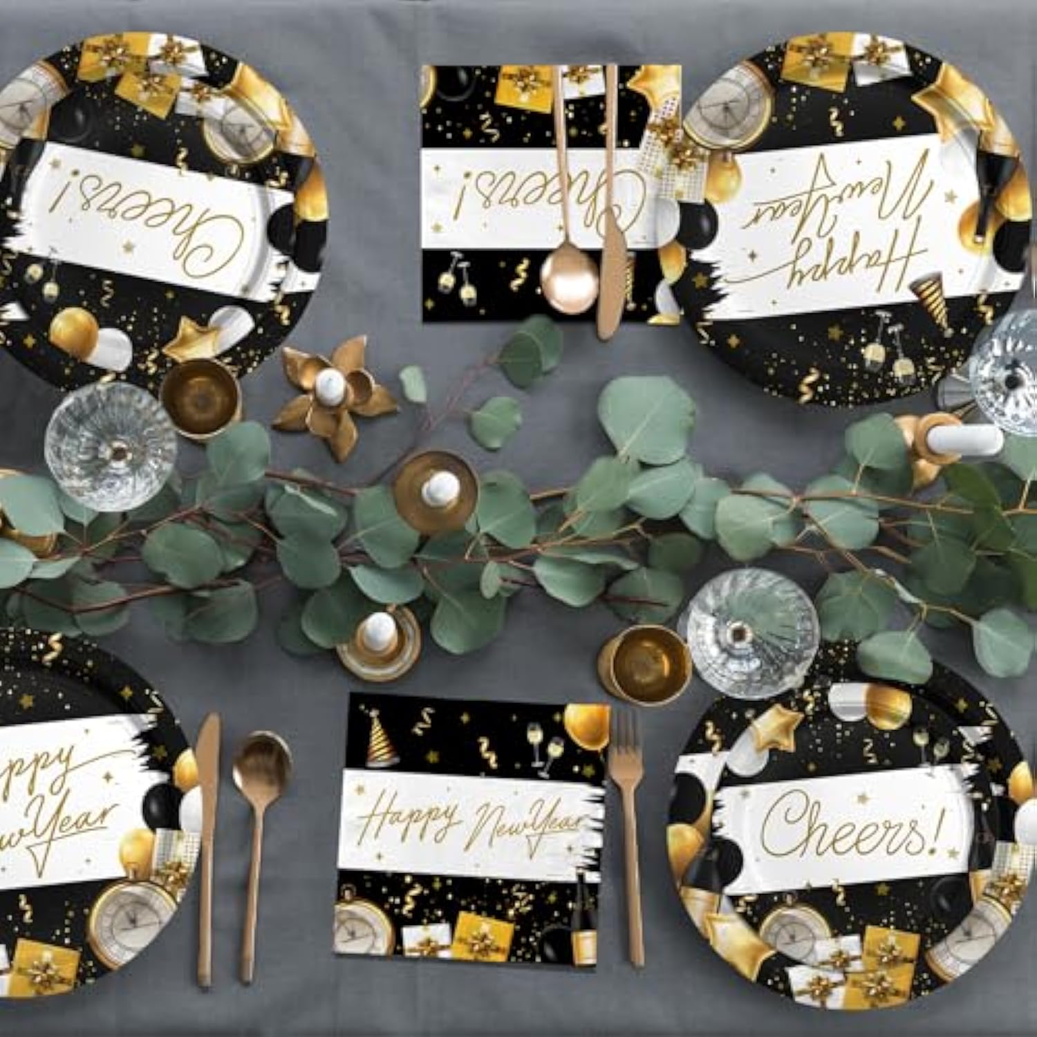 New Year Party Kit for 50 Guests with Decorative Plates and Napkins