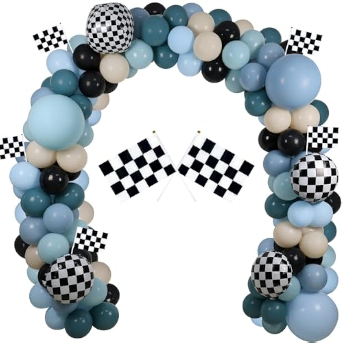 134PCS Race Balloon Garland Kit Dusty Blue Black Checkered for Birthday & Baby Shower
