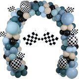 134PCS Race Balloon Garland Kit Dusty Blue Black Checkered for Birthday & Baby Shower
