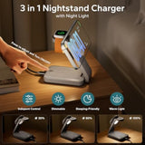 3 In 1 Foldable Wireless Charging Station For Magsafe, Nightstand Magnetic Charger Stand For Iphone 16 15 14 13 Pro Max, Travel Charging Dock With Night Light For Apple Watch/Airpods (Gray)