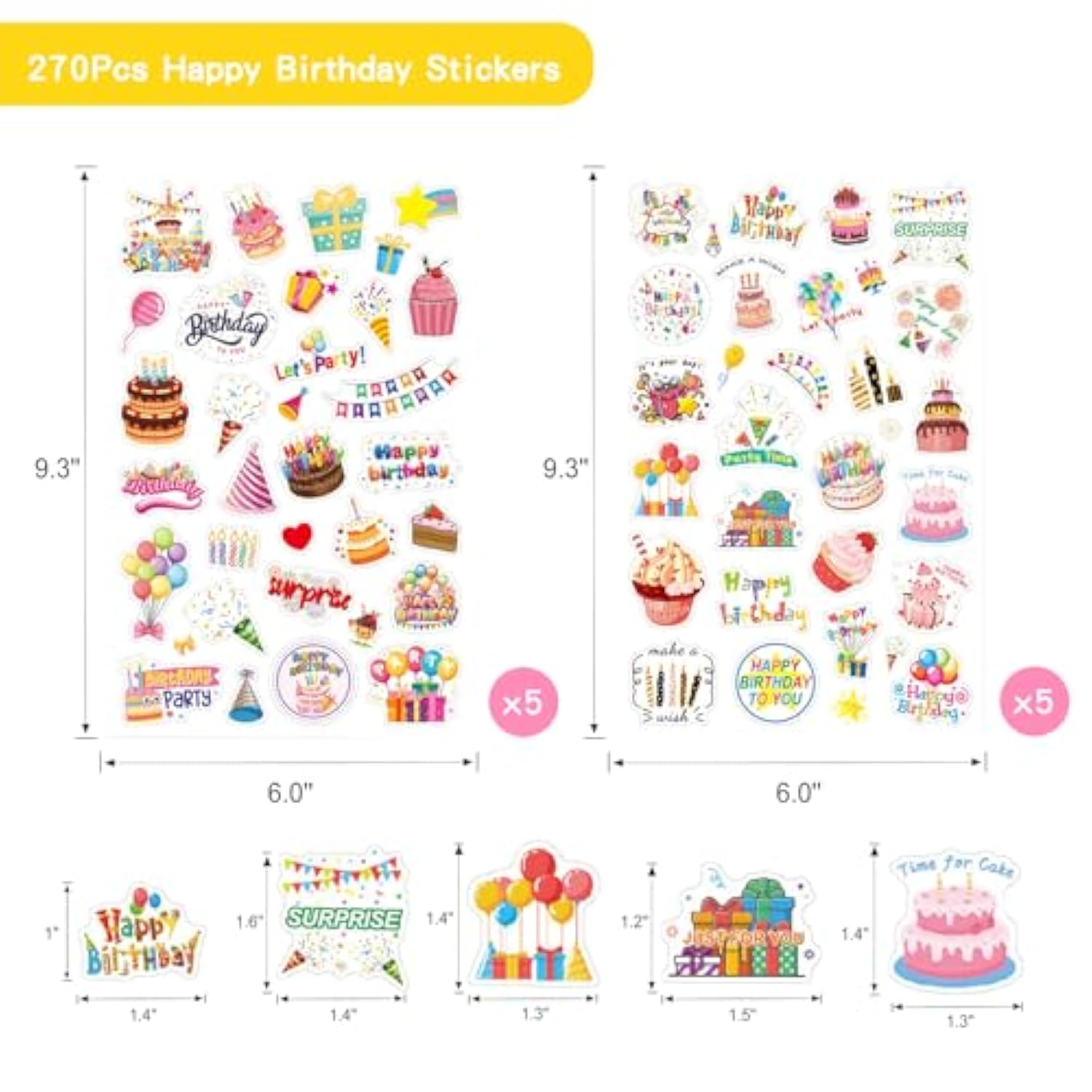 Birthday Stickers,Glitter Happy Birthday Stickers For Kids Adults,Self-Adhesive Scrapbook Birthday Sticker Bulk For Birthday Party Envelope Card Gift Wrapping Birthday Supply(270Pcs/10Sheet)