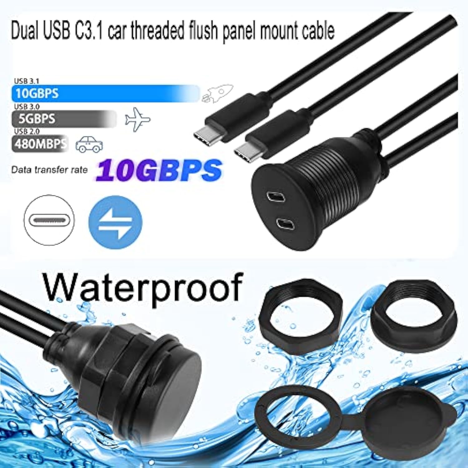 Dual Usb C Threaded Flush Mount Waterproof Cable 10Gbps 2 Usb C 3.1 Male To Fe