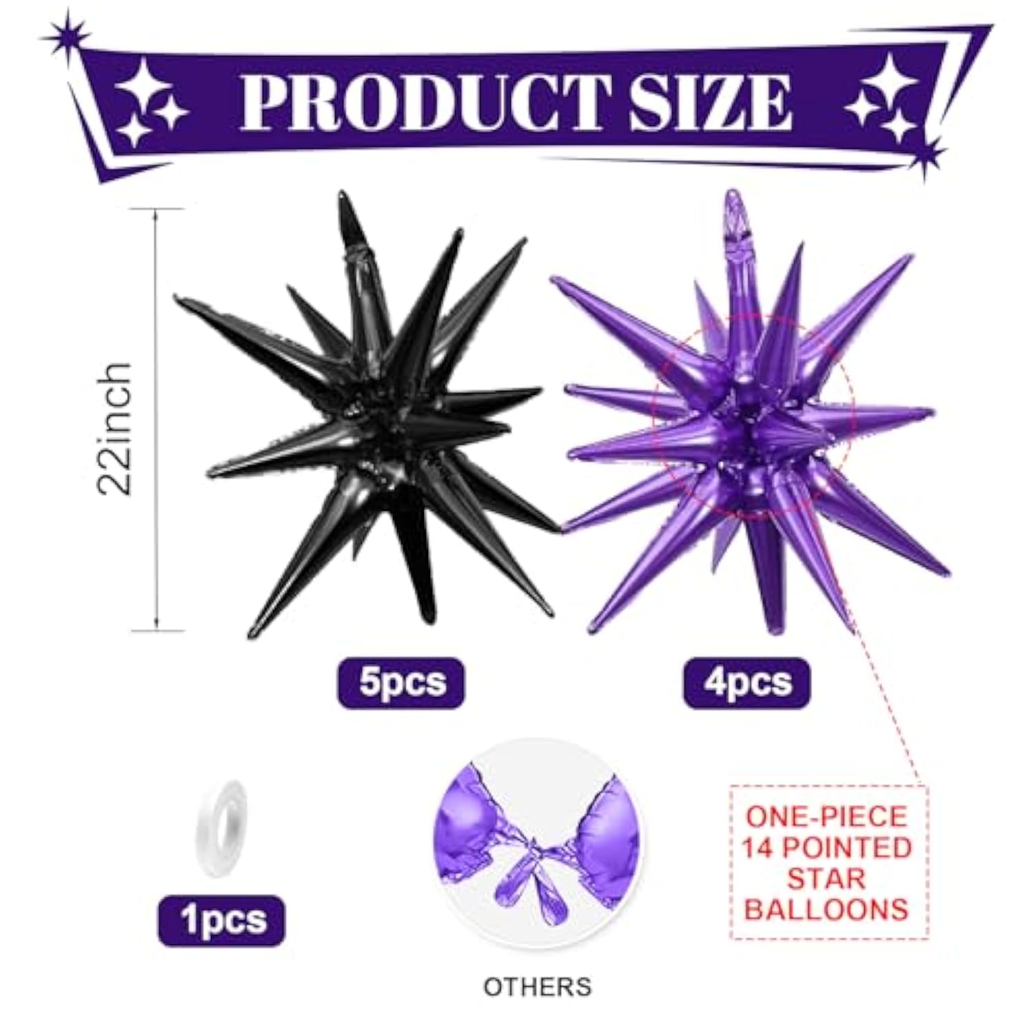 9pcs Black Purple Star Balloons 22 Inch Foil Spike Balloons for Party Decorations