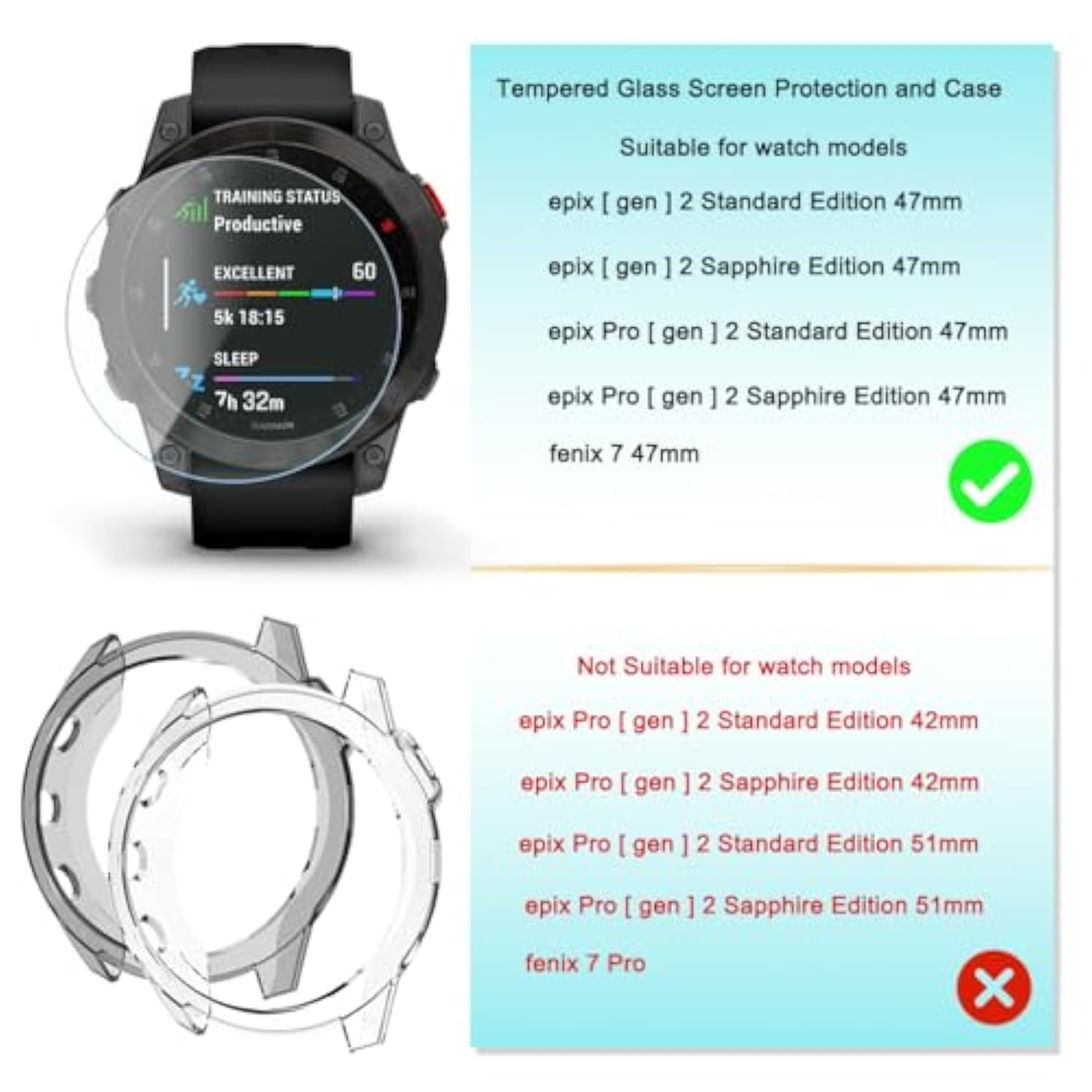 Watch Screen Protector (3+2 Pack) Compatible For Garmin Epix Gen 2, Tempered Glass Film Anti-Scratch High Definition Full Coverage And Soft Tpu Protective Case