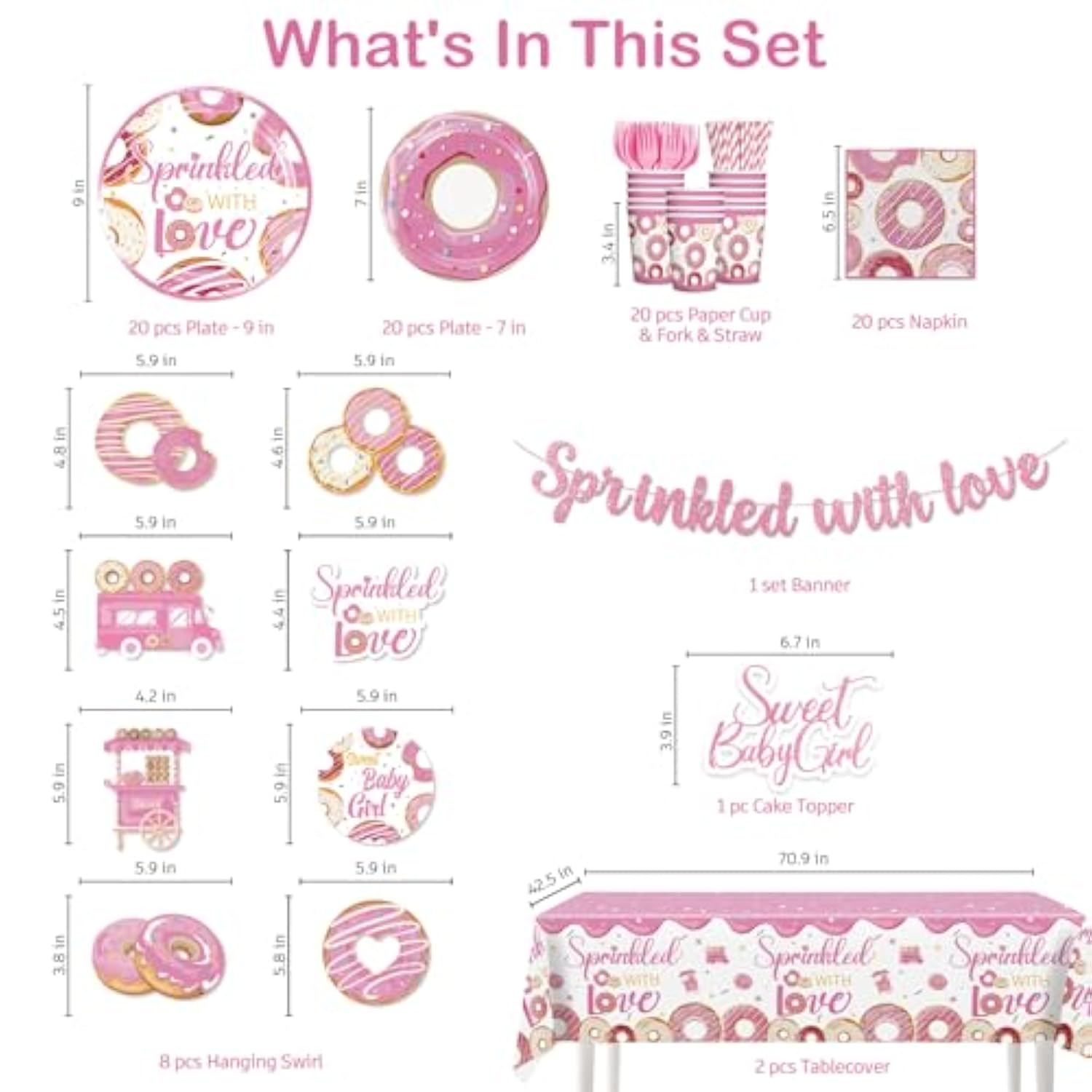 140Pcs Baby Sprinkle Decorations For Girl, Disposable Paper Tableware Includes Pre-Threaded Banner 40 Plates 2 Tablecloths, 20-Pack Tableware Suitable For Sprinkled With Love Baby Shower