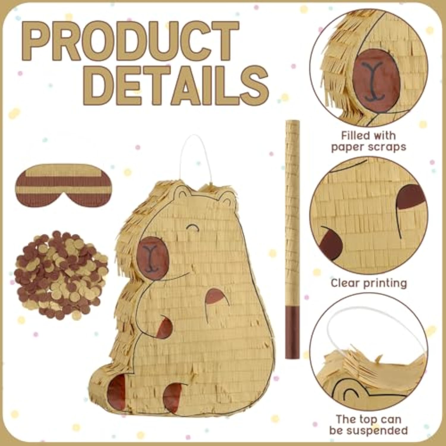 Capybara Piñata With Stick Blindfold, Confetti (15.7" X 12.5" X 3.0 ") Capybara Party Decorations Cute Animal Piñata For Animal Theme Birthday Baby Shower Party Decorations Supplies