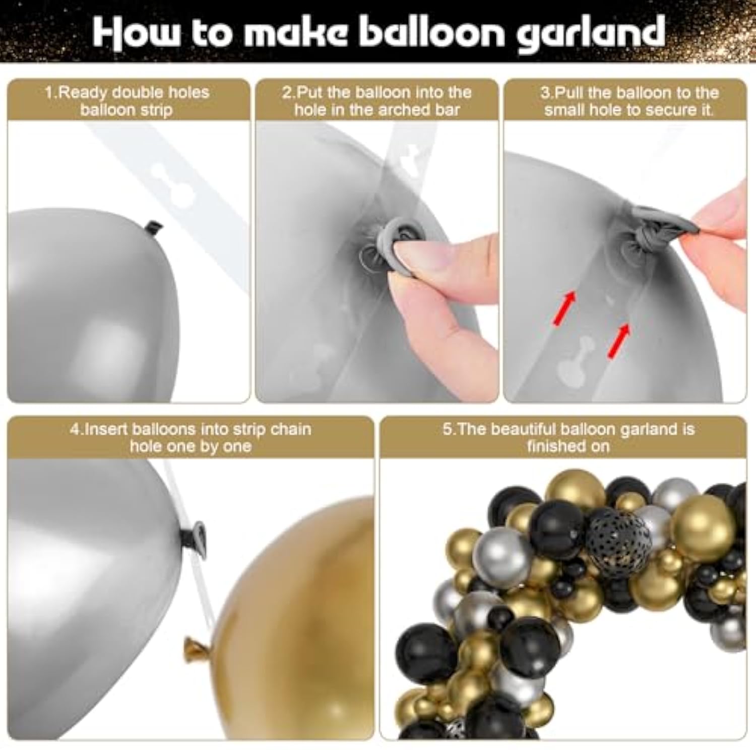 144PCS Black Gold Balloon Garland Arch Kit for Graduation Birthday Party Decor