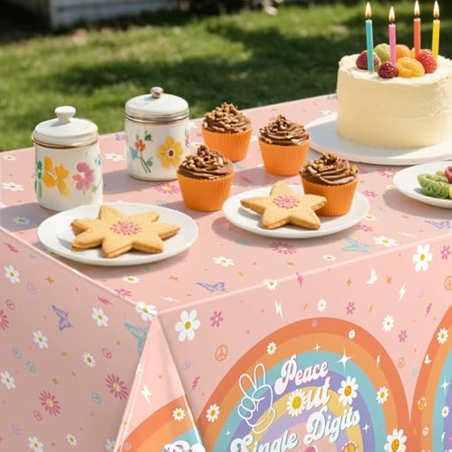 10Th Birthday Decorations For Girl, 3 Pack Peace Out Single Digits Party Decor Tablecloths, Double Digits Birthday Disposable Plastic Table Covers 54X108 Inch, Groovy Themed Party Supplies