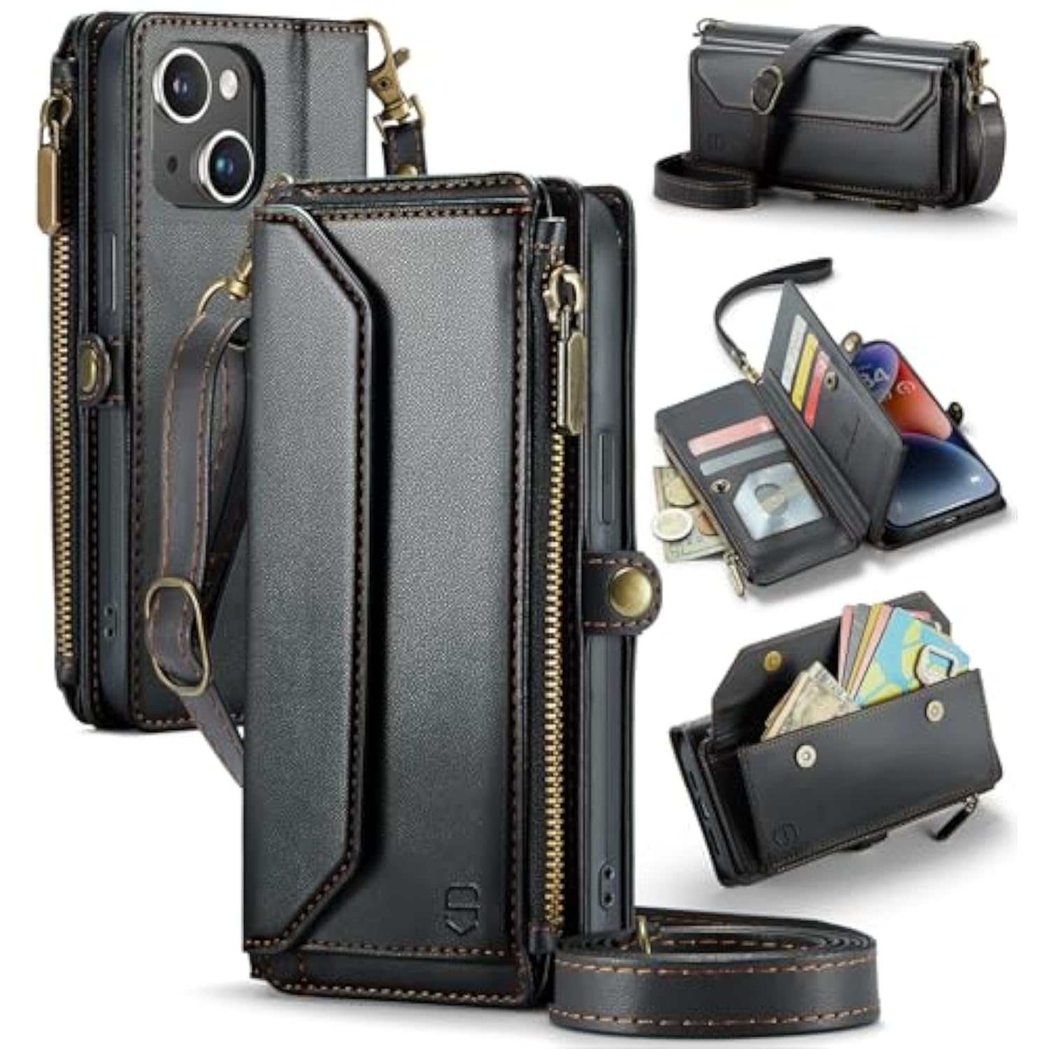 Wallet Case Compatible With Iphone 14 Rfid Blocking 7-Card Holder Soft Pu Leather Magnetic Snap Shoulder Strap Zipper Pocket Phone Case Fit For Iphone 14 For Women 6.1" - Black