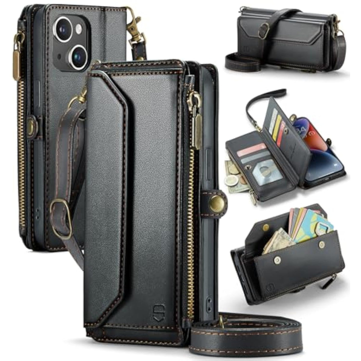 Wallet Case Compatible With Iphone 14 Rfid Blocking 7-Card Holder Soft Pu Leather Magnetic Snap Shoulder Strap Zipper Pocket Phone Case Fit For Iphone 14 For Women 6.1" - Black