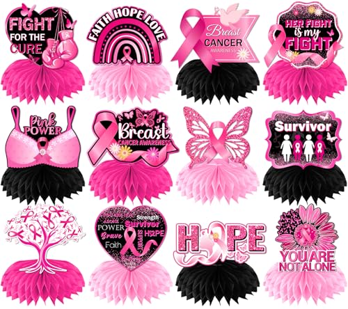 Breast Cancer Awareness Decorations Honeycomb Centerpeces, 12Pcs Breast Cancer Awareness Accessories Pink and Black Ribbon Table Decorations, Cancer Free Cancer Survivor Table Sign for Home Office