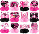 Breast Cancer Awareness Decorations Honeycomb Centerpeces, 12Pcs Breast Cancer Awareness Accessories Pink and Black Ribbon Table Decorations, Cancer Free Cancer Survivor Table Sign for Home Office