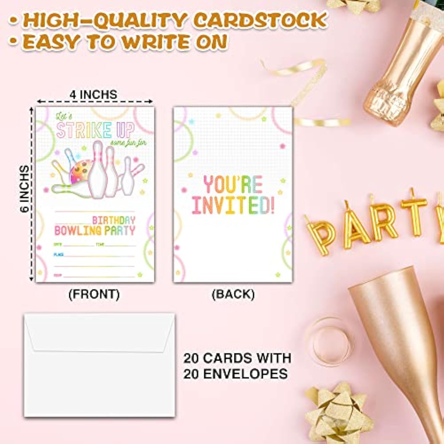 Bowling Birthday Party Invitations, Strike Up Birthday Invitation, Double-Sided Neon Glow Themed Fill In Invites, Kids Glow Bowling Birthday Party Decorations, 20 Cards With 20 Envelopes(C07)