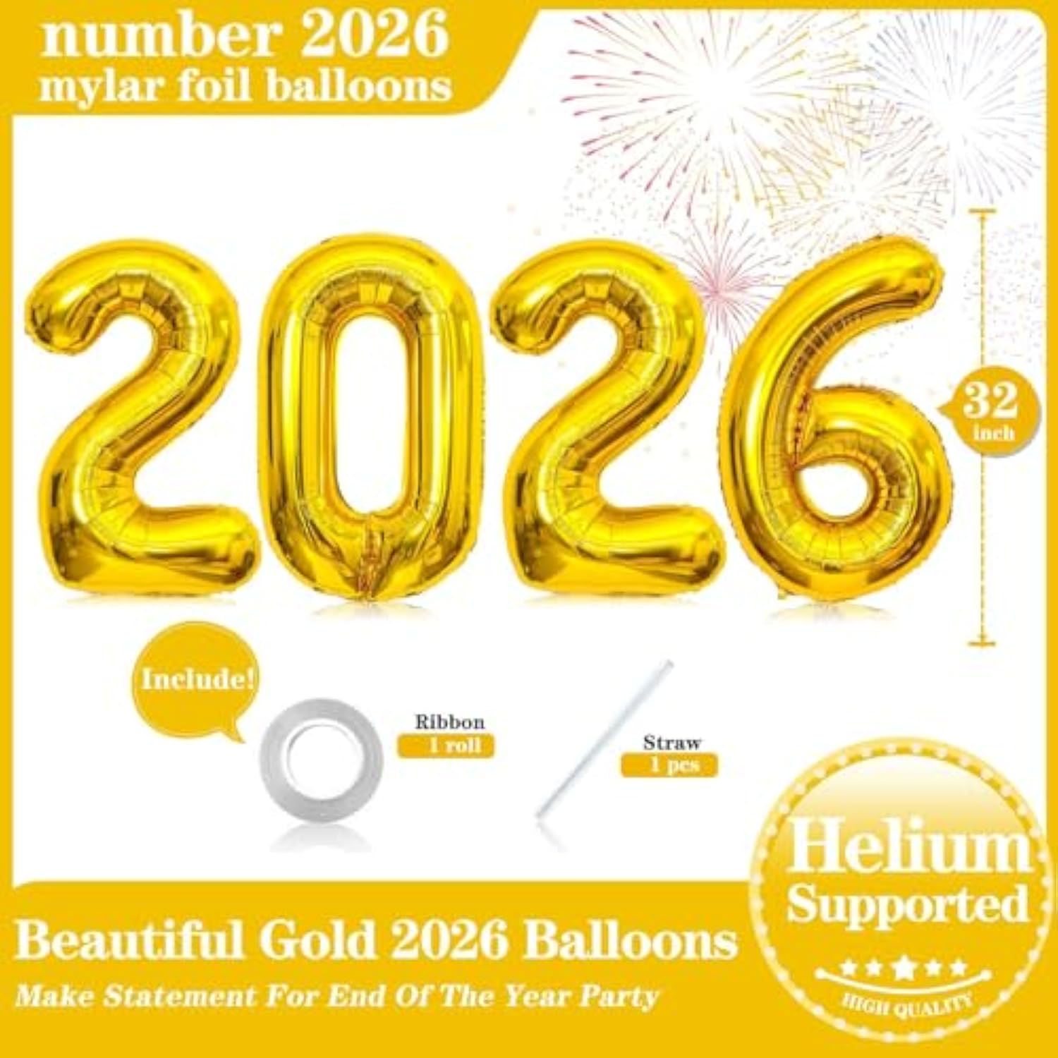 32 Inch Gold Number 2026 Foil Balloons for New Year Party Decorations