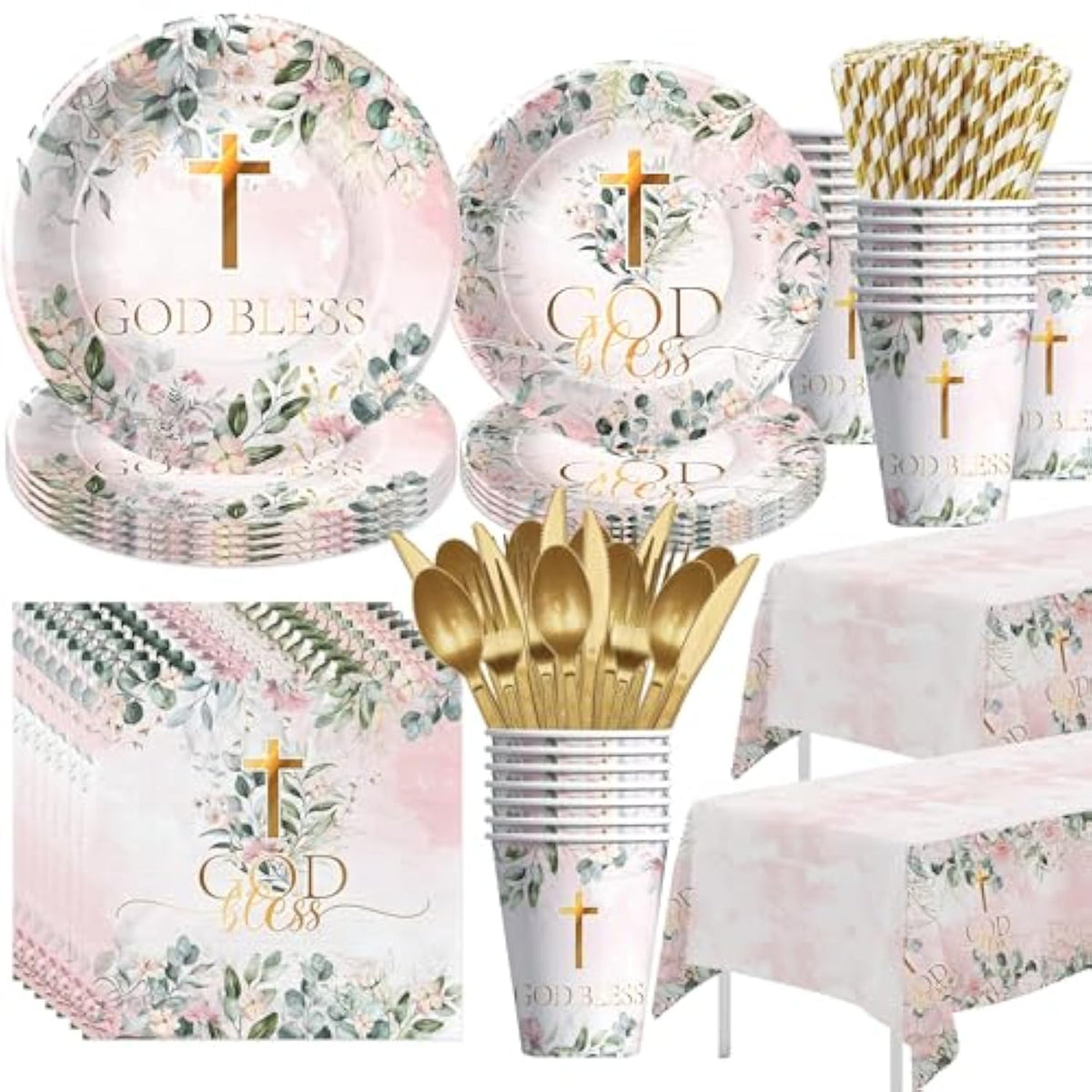 God Bless Baptism Plates And Napkins Girl - First Communion Decorations Party Tableware, Plate, Cup, Napkin, Tablecloth, Cutlery, For Christening Celebration Baby Shower Religious | Serve 24