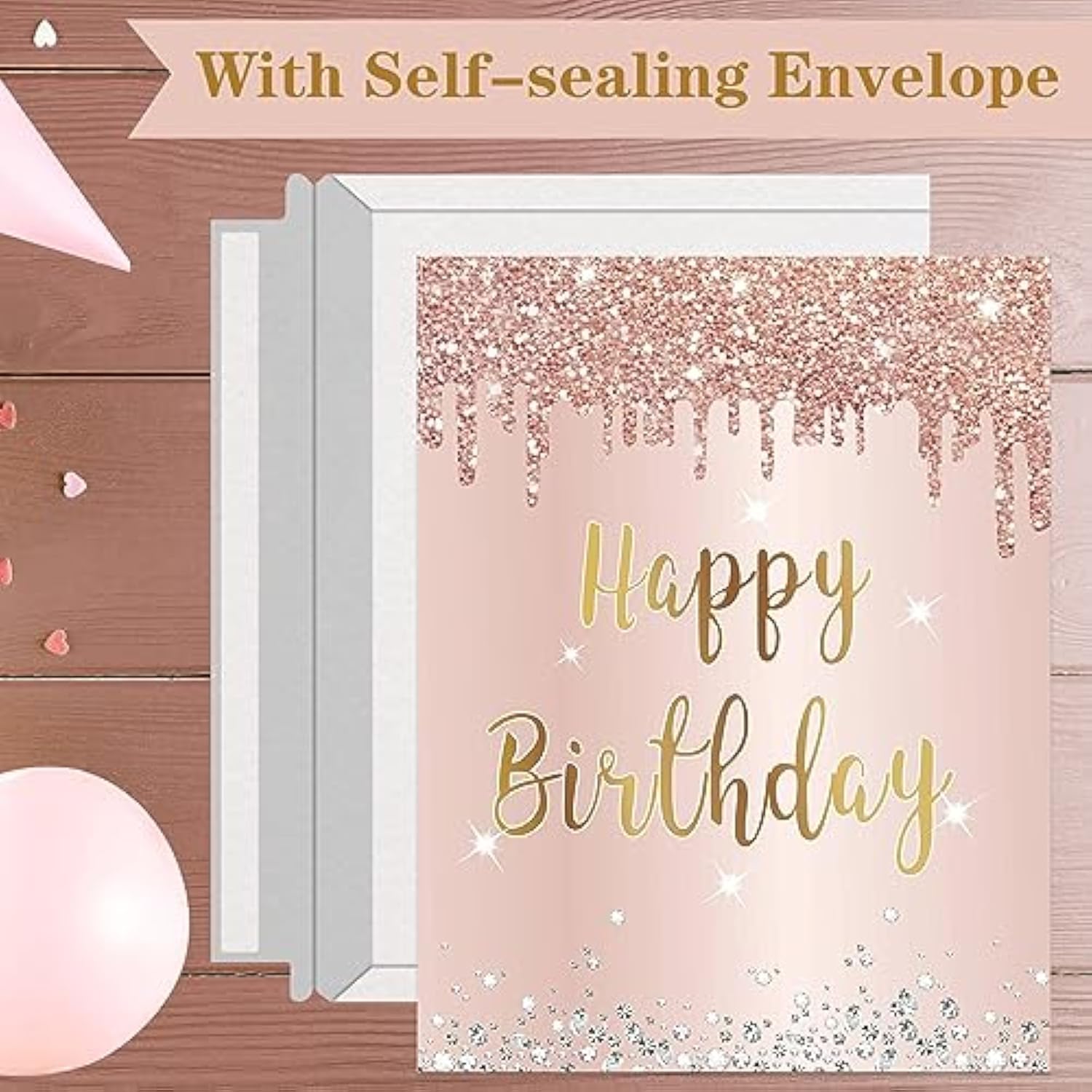 Jumbo Birthday Card With Envelope, Giant Guest Book Happy Birthday Greeting Cards For Girls Women, Large Birthday Card Gifts Decorations Party Supplies, Pink Rose Gold Extra Big Birthday Card Decor(14