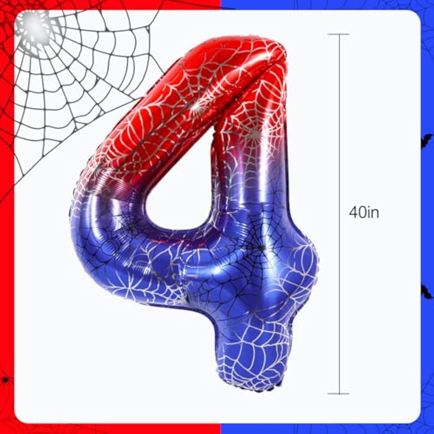 40 Inch Spider Theme Number Balloon No.4, Red Blue Foil Number Balloon For Birthday, Theme Party Supplies, Baby Shower,Anniversary Decoration