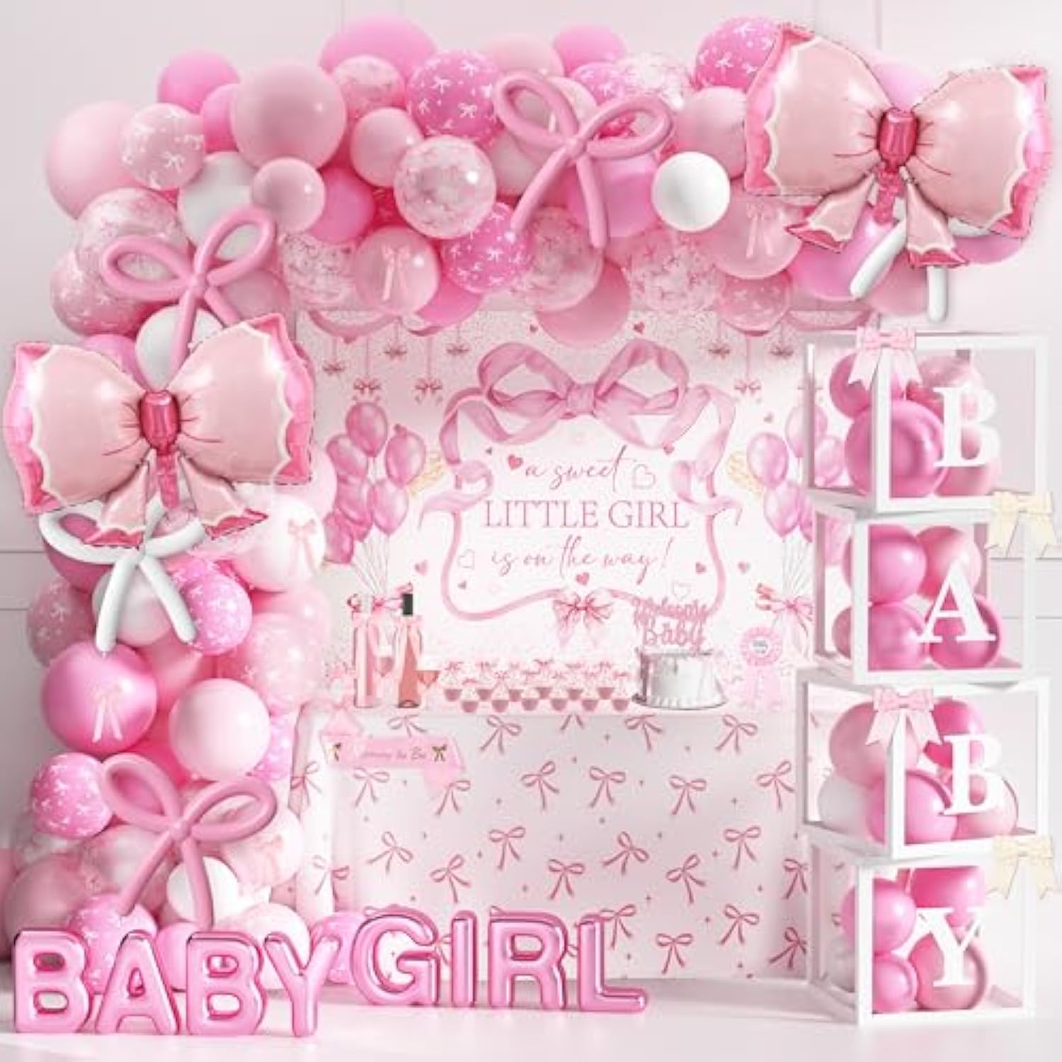 143Pcs Pink Baby Shower Decorations For Girl, Welcome Baby Girl Party Decorations, Coquette Pink Bow Theme Backdrop Balloon Baby Boxes Banner For Girl Birthday Baby Shower Decor