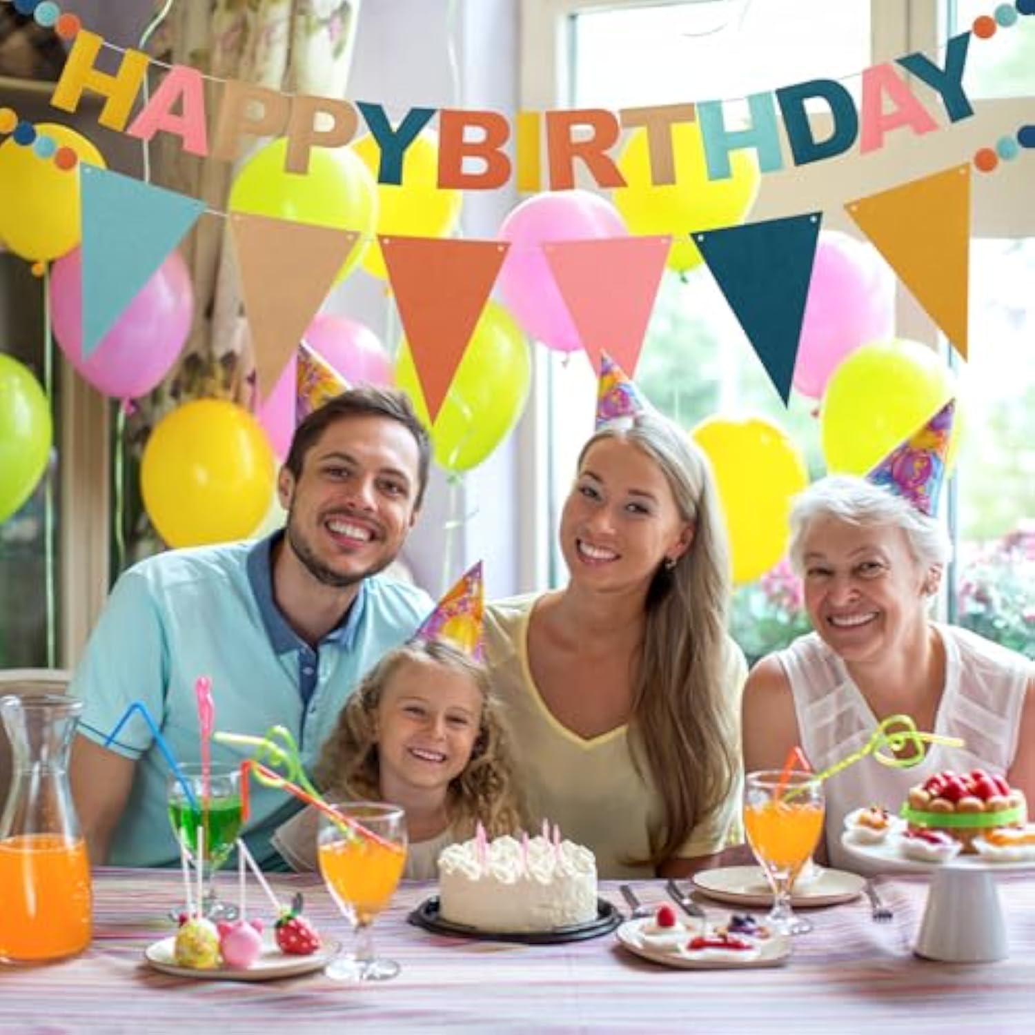 2 Pack Boho Felt Happy Birthday Pennant Banner 12Ft Pre-Strung Rainbow Felt Ball Garland Triangle Flags Reusable 3D Happy Birthday Sign Decorations For Women Boys Girls Party Decor Photo Prop